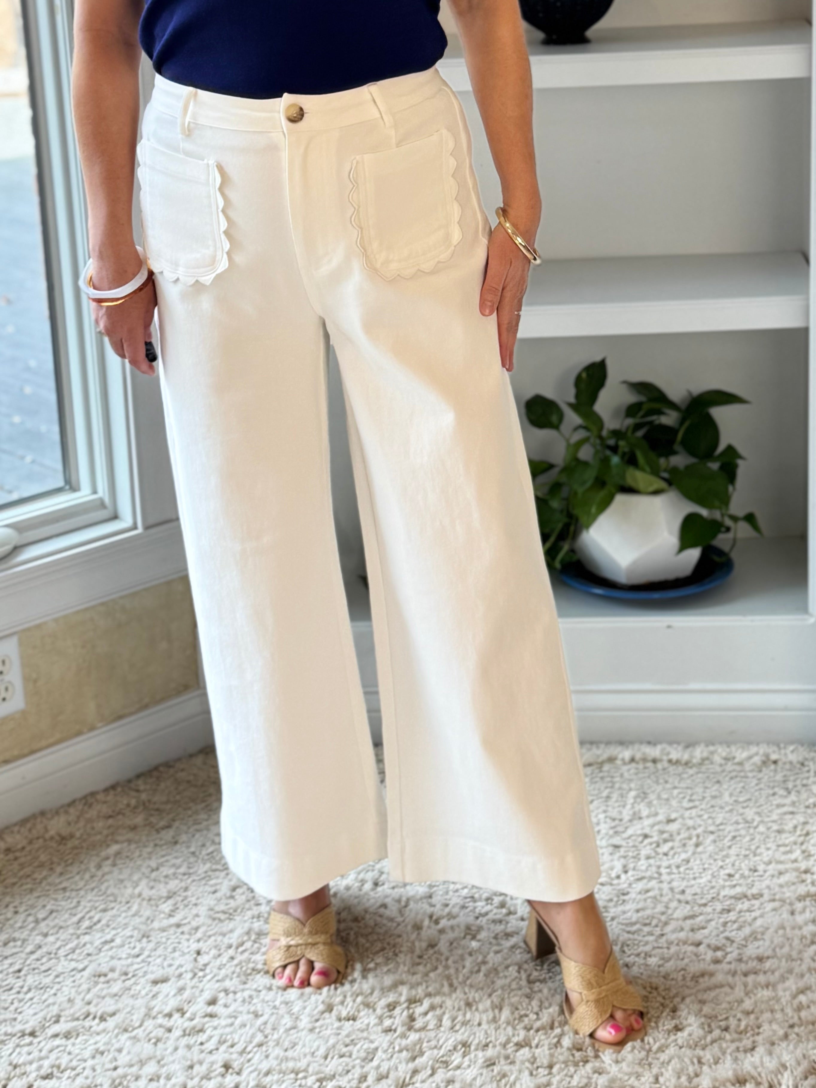 Scallop Pocket High-Rise Wide Leg Ankle Pants - Off-White