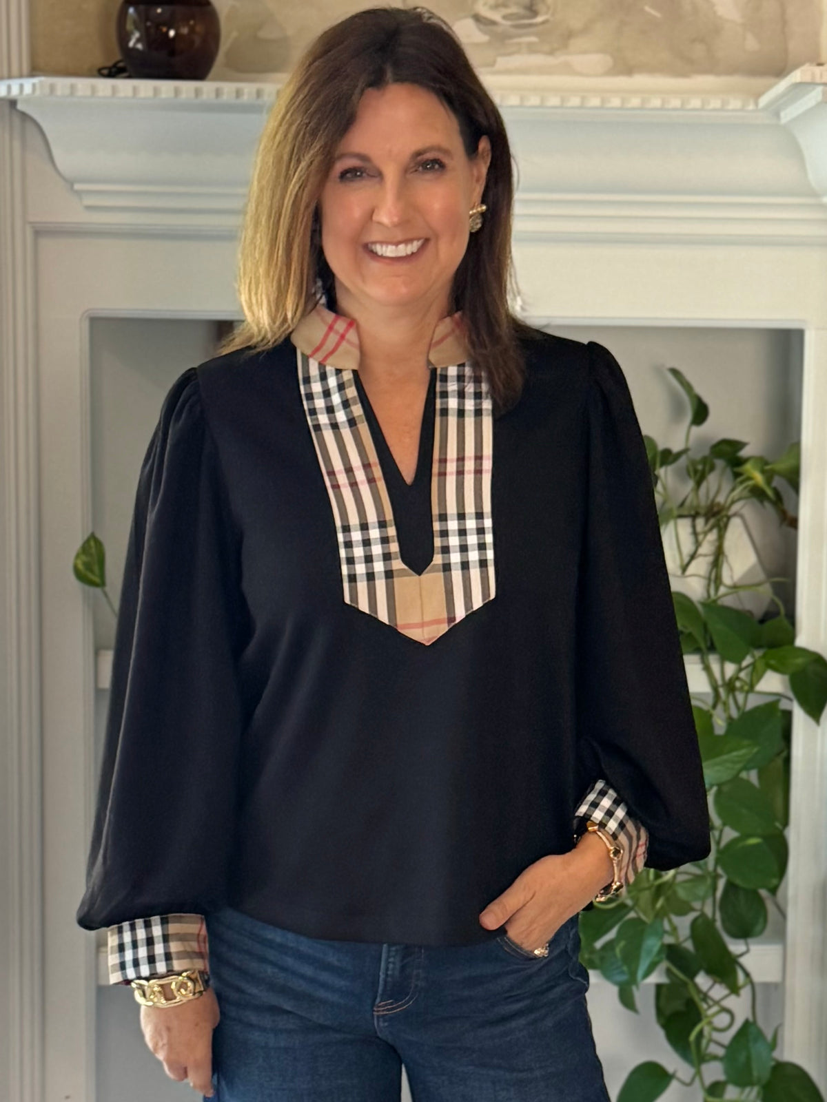 Plaid Perspective Contrast Top