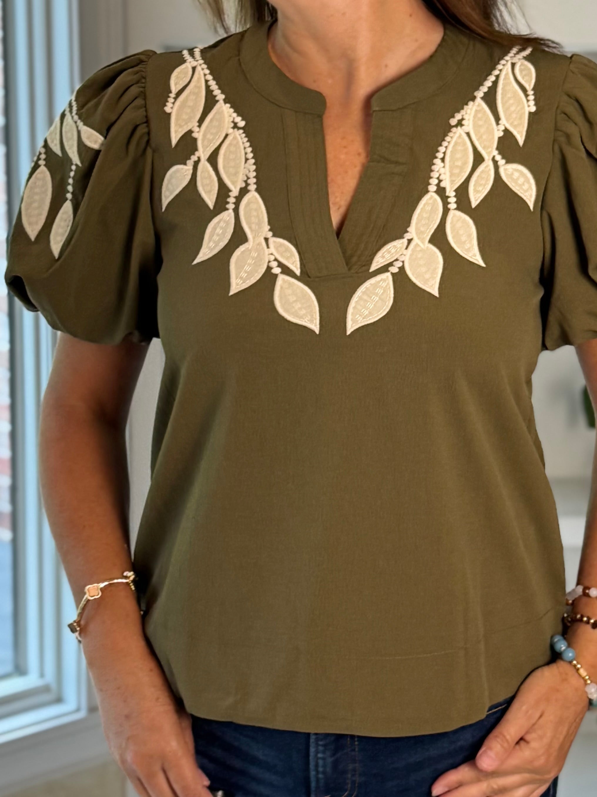 Olive Vine Embroidered Top