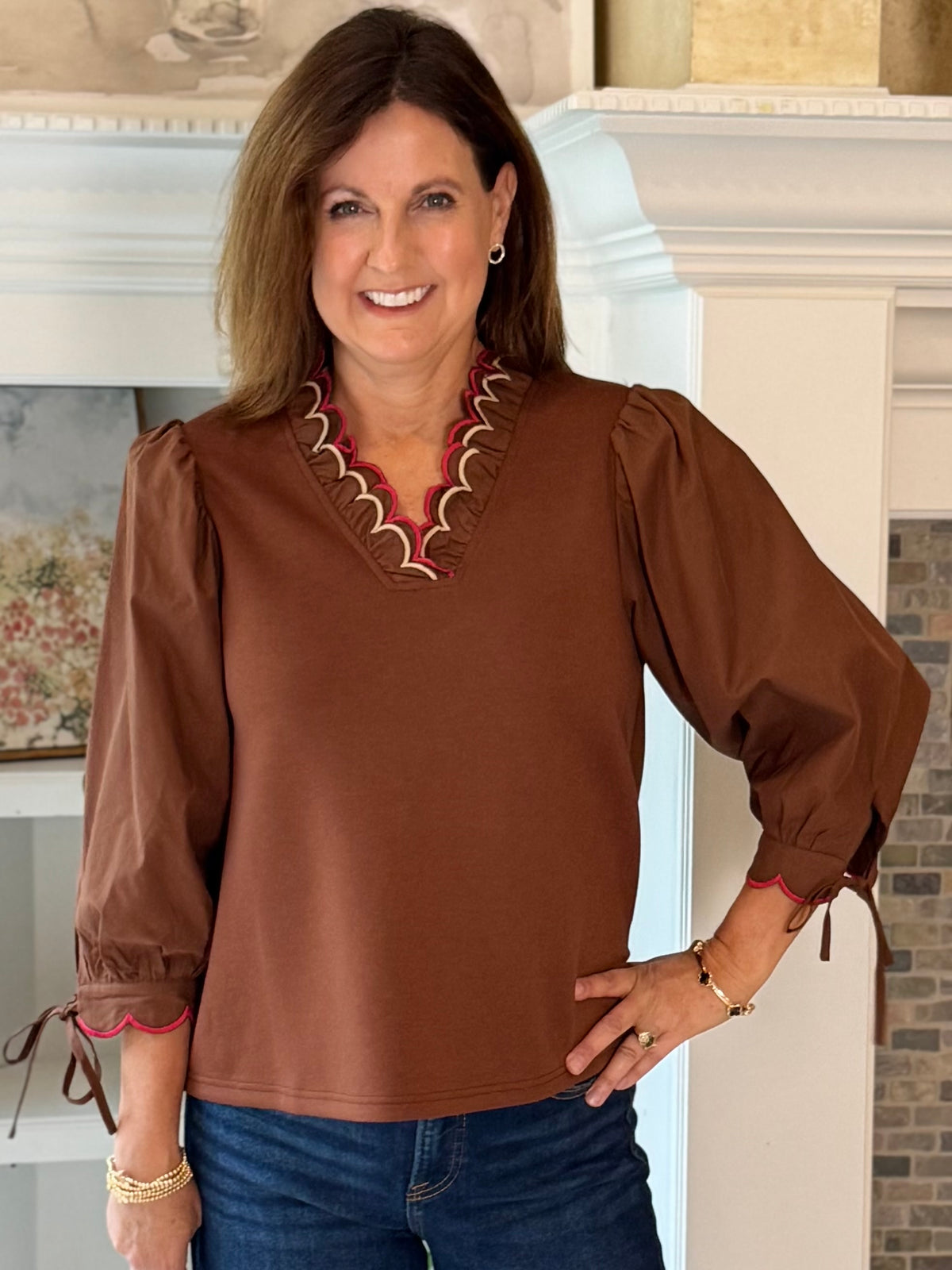 Scalloped Grace Long-Sleeve Top - Brown