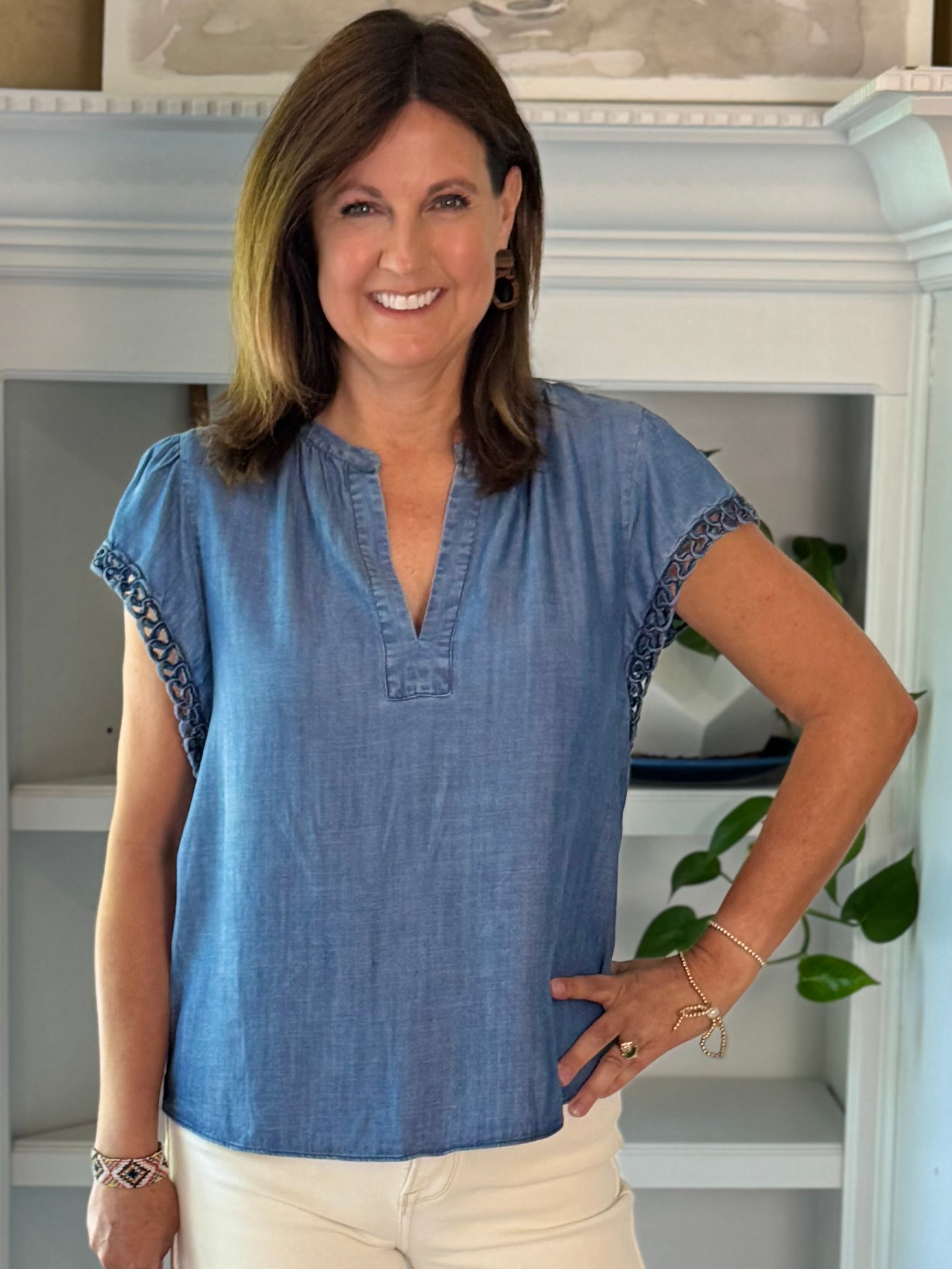 Current Air Chambray Crochet Sleeve Top