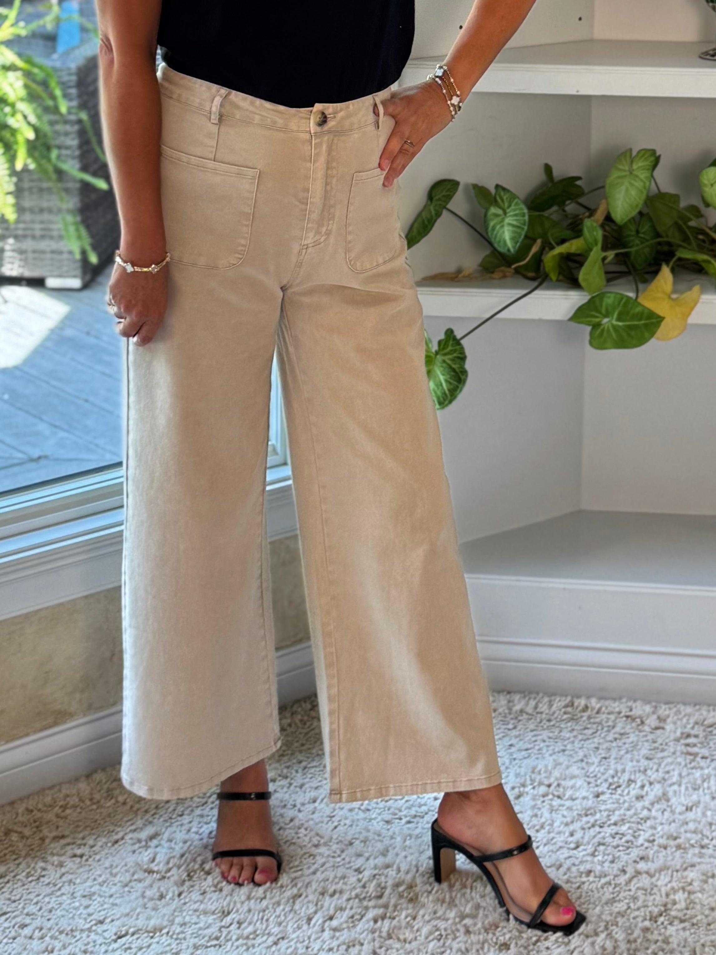 High-Rise Wide Leg Ankle Length Pants - Stone