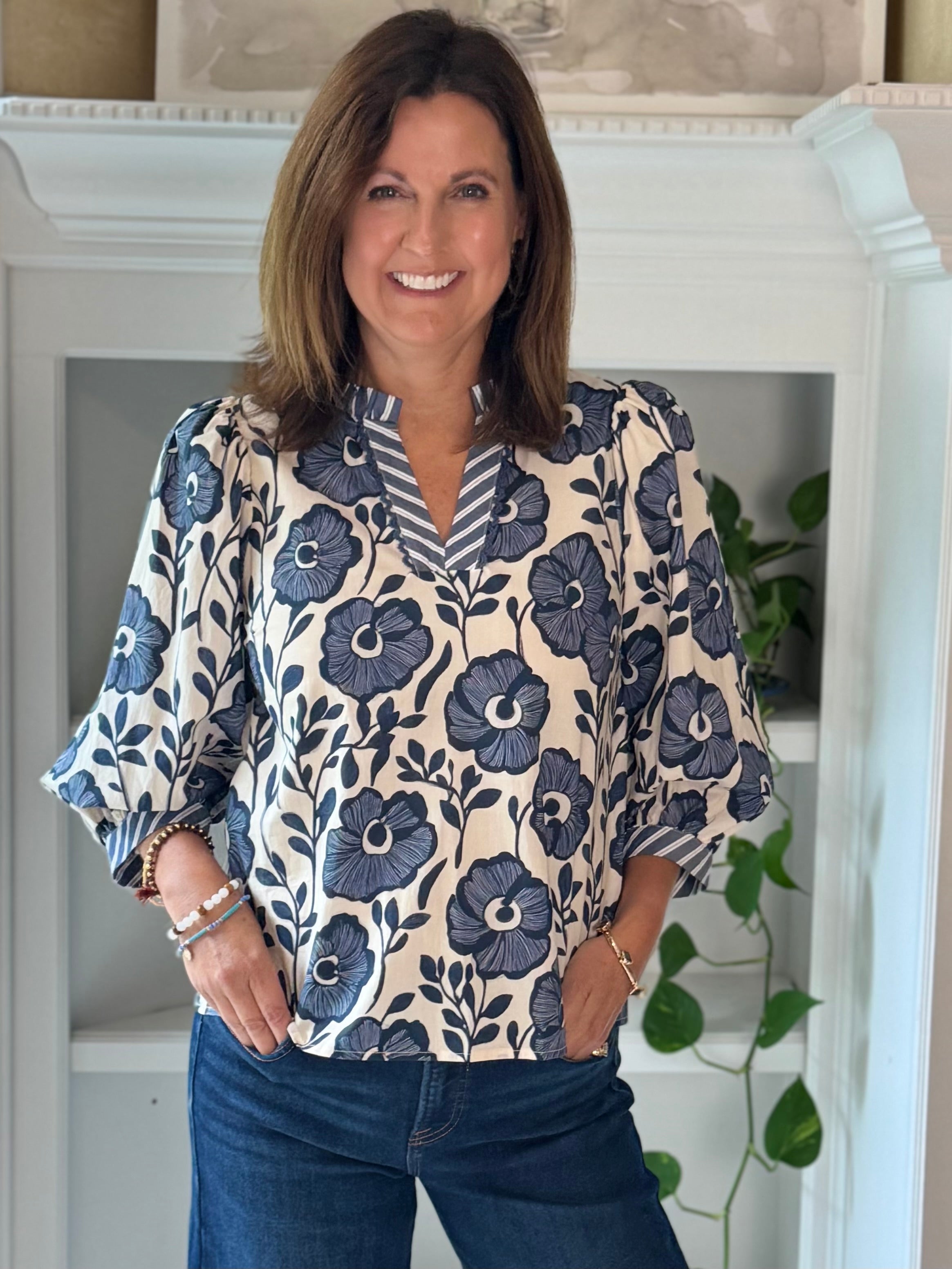 True Blue Floral Contrast Top