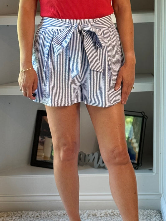 Striped Shorts with Waist Belt - Blue/White