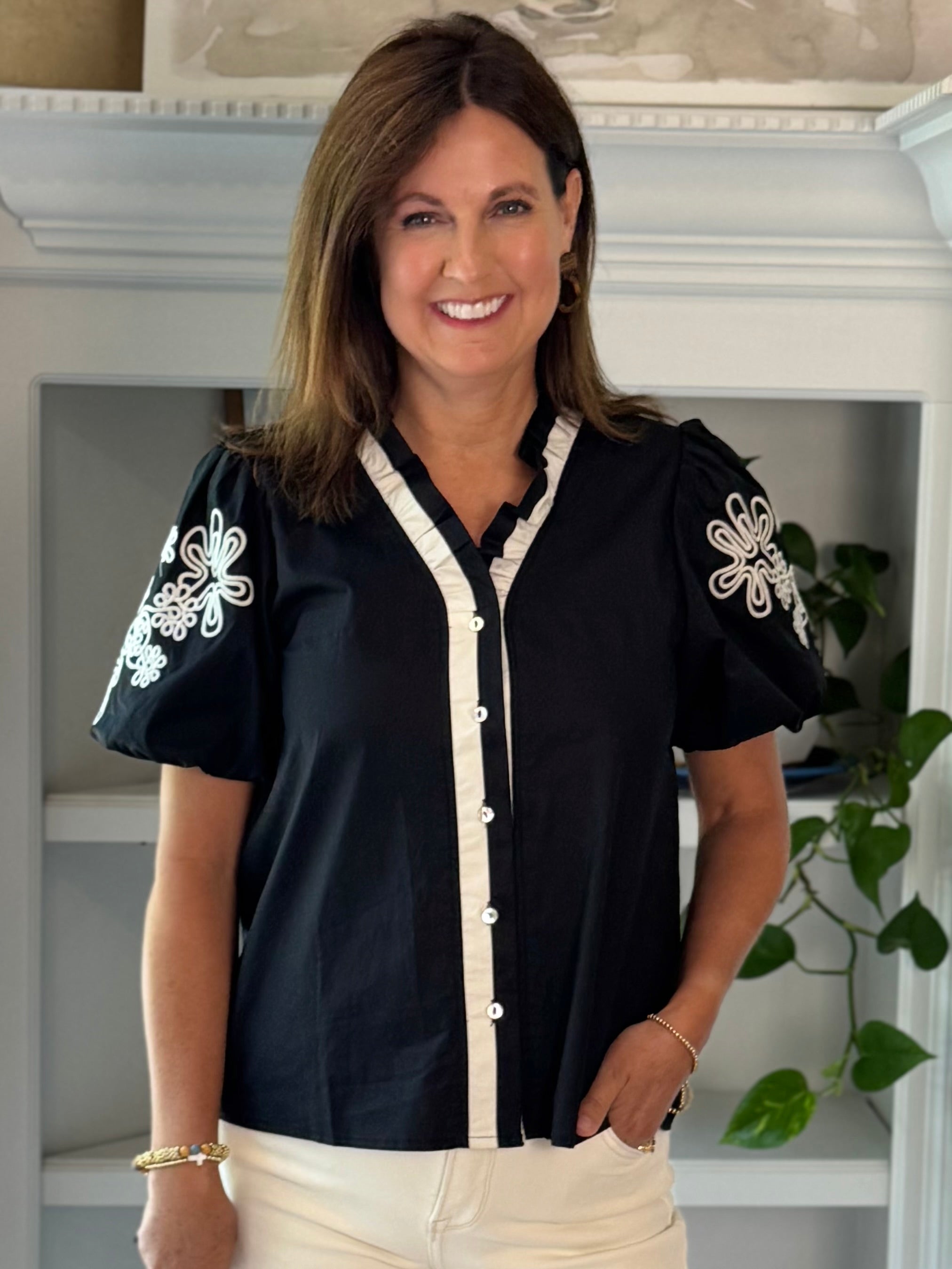 Artful Contrast Embroidered Top - Black