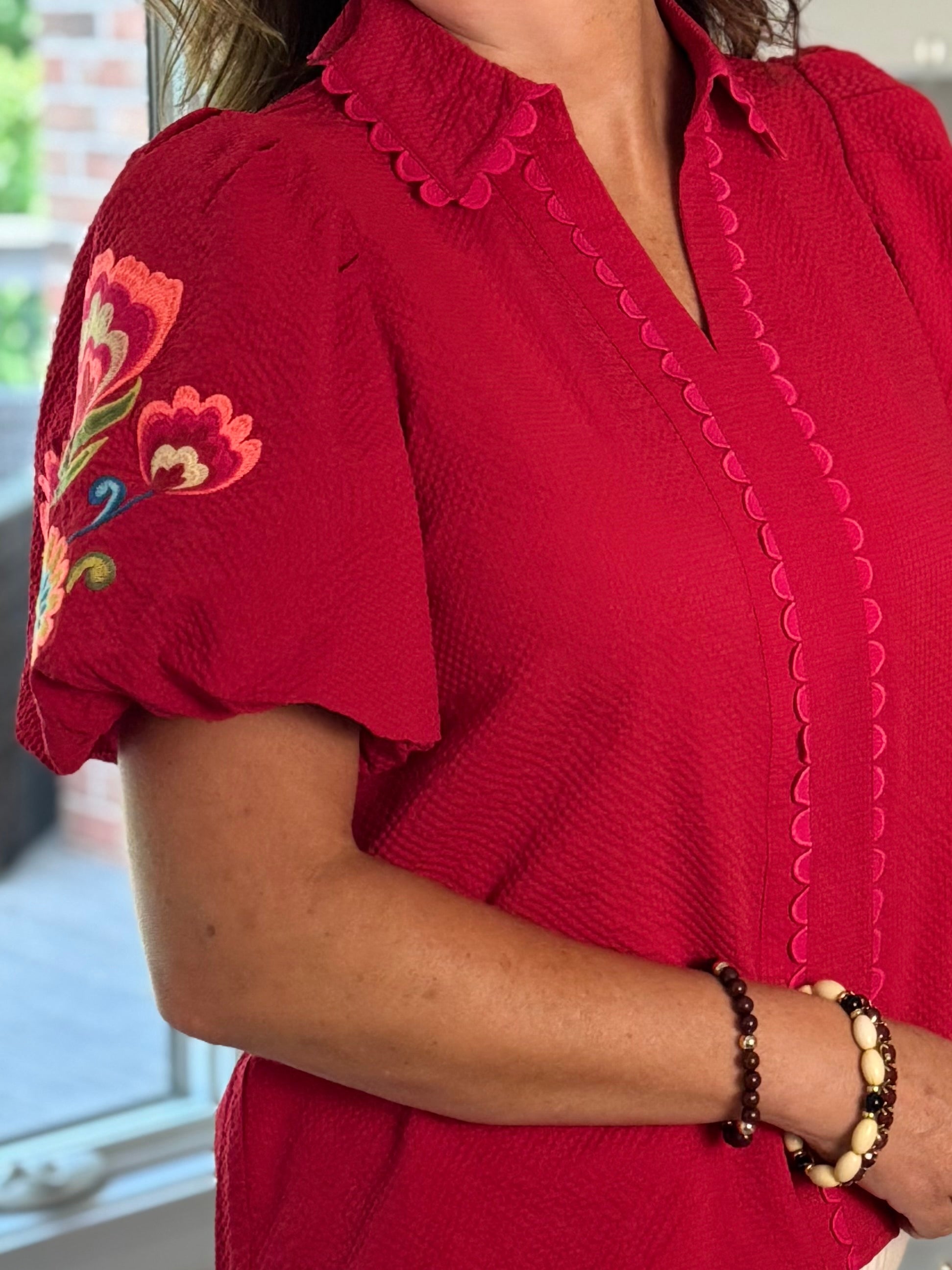 Embroidered Charm Top - Red