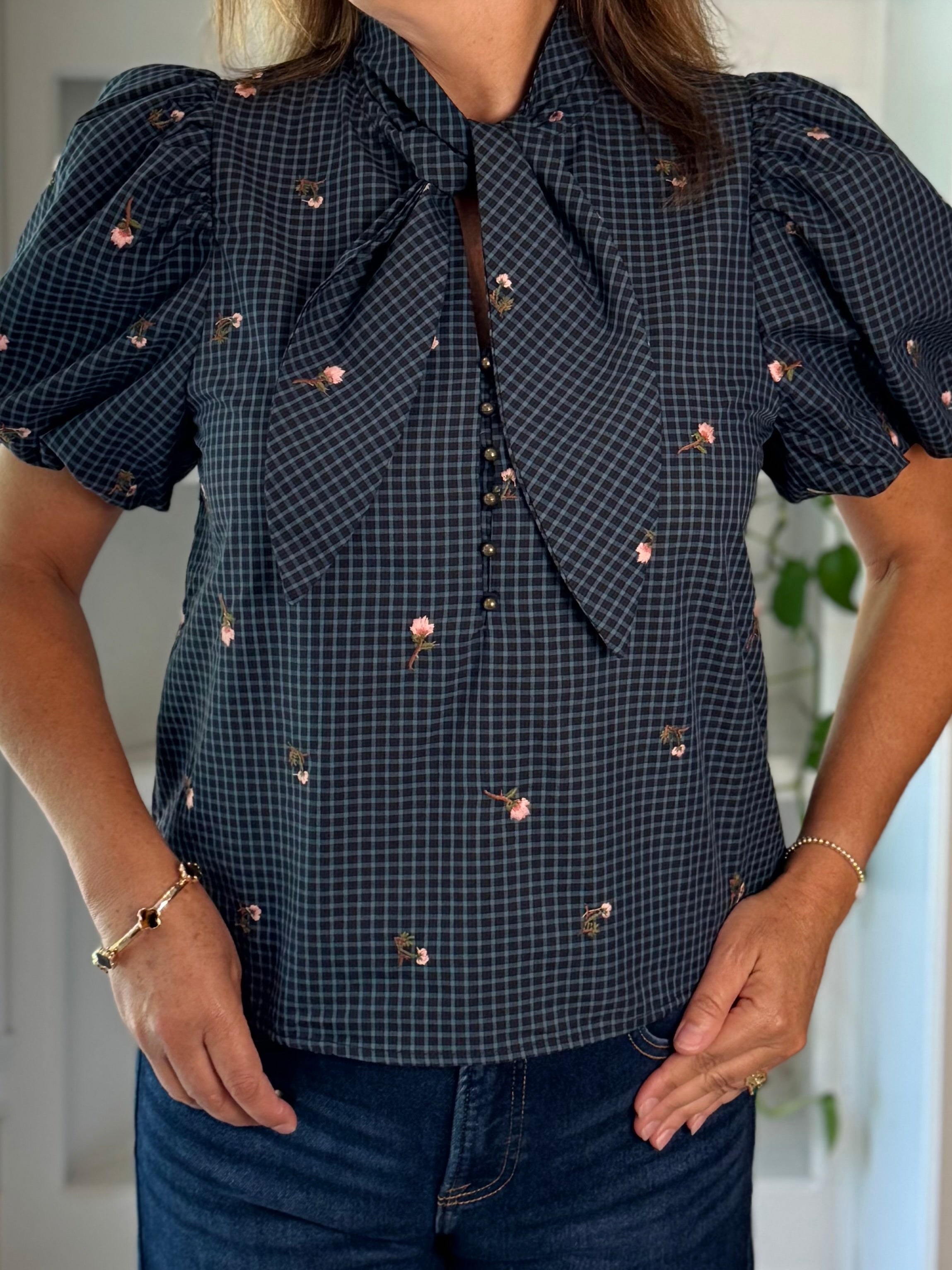 Savannah Embroidered Tie Top - Navy