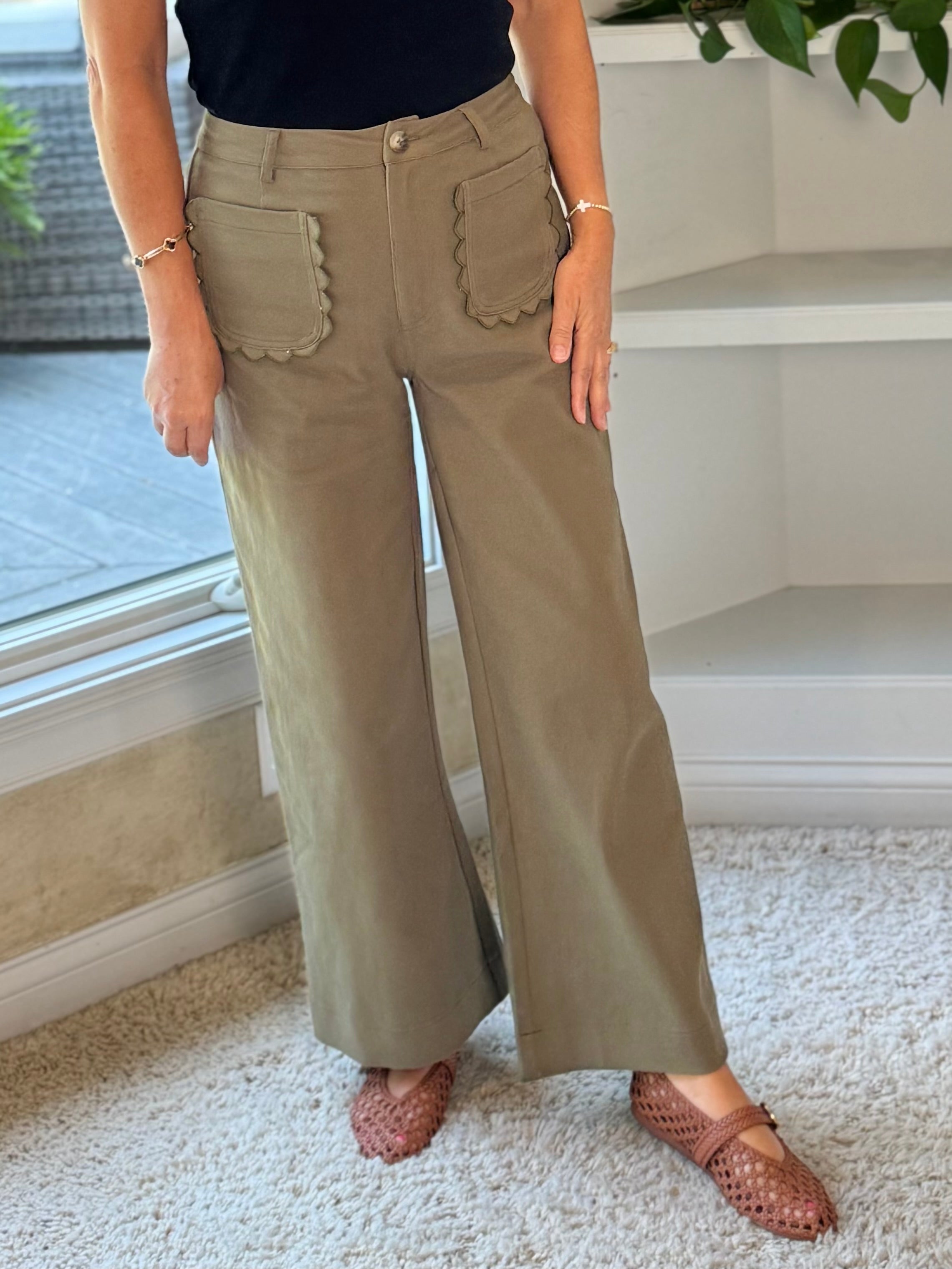 Scallop Pocket High-Rise Wide Leg Ankle Pants - Olive