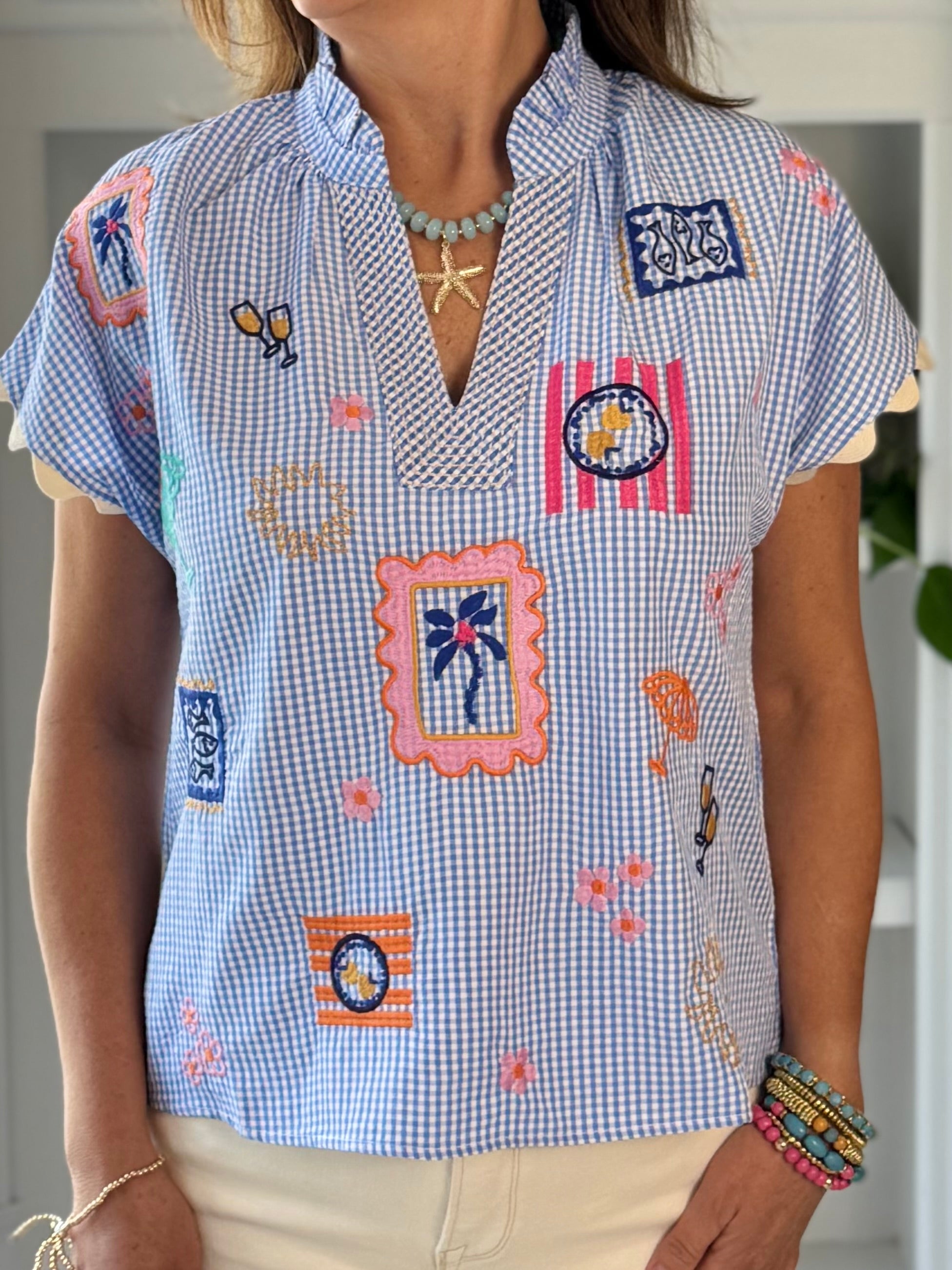 THML Bon Voyage Embroidered Top - Gingham