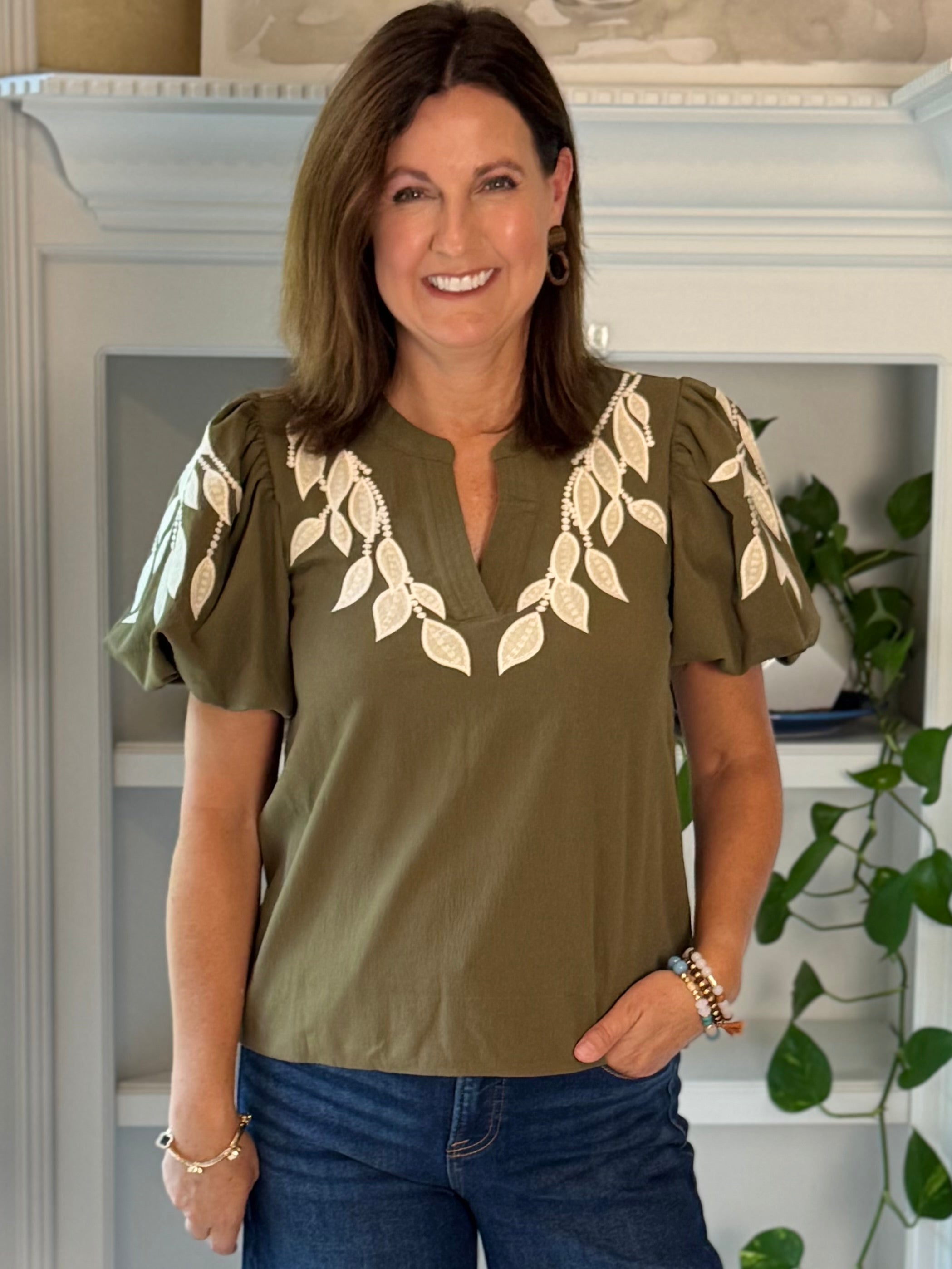 Olive Vine Embroidered Top
