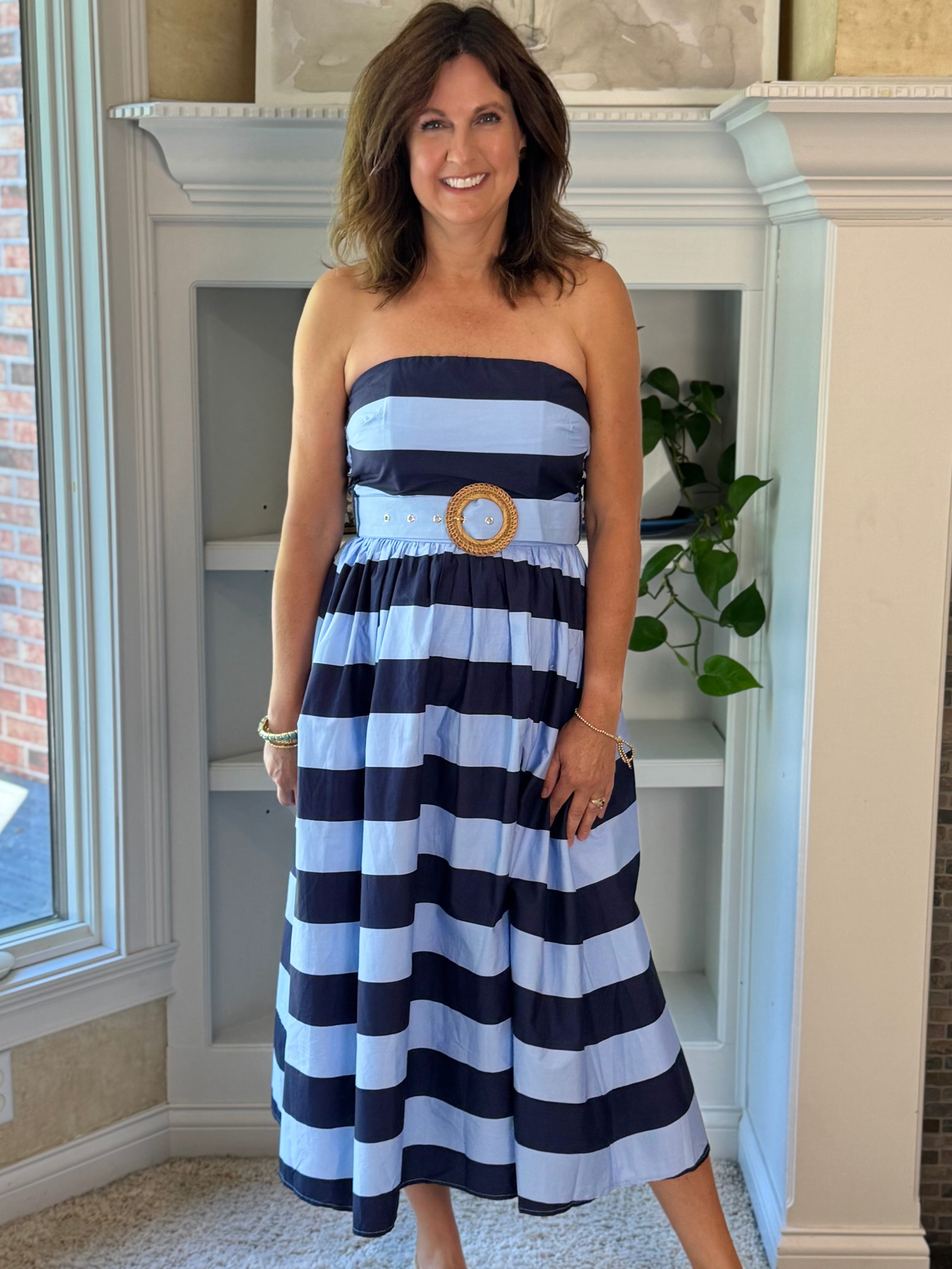 Harbor Striped Strapless Midi Dress