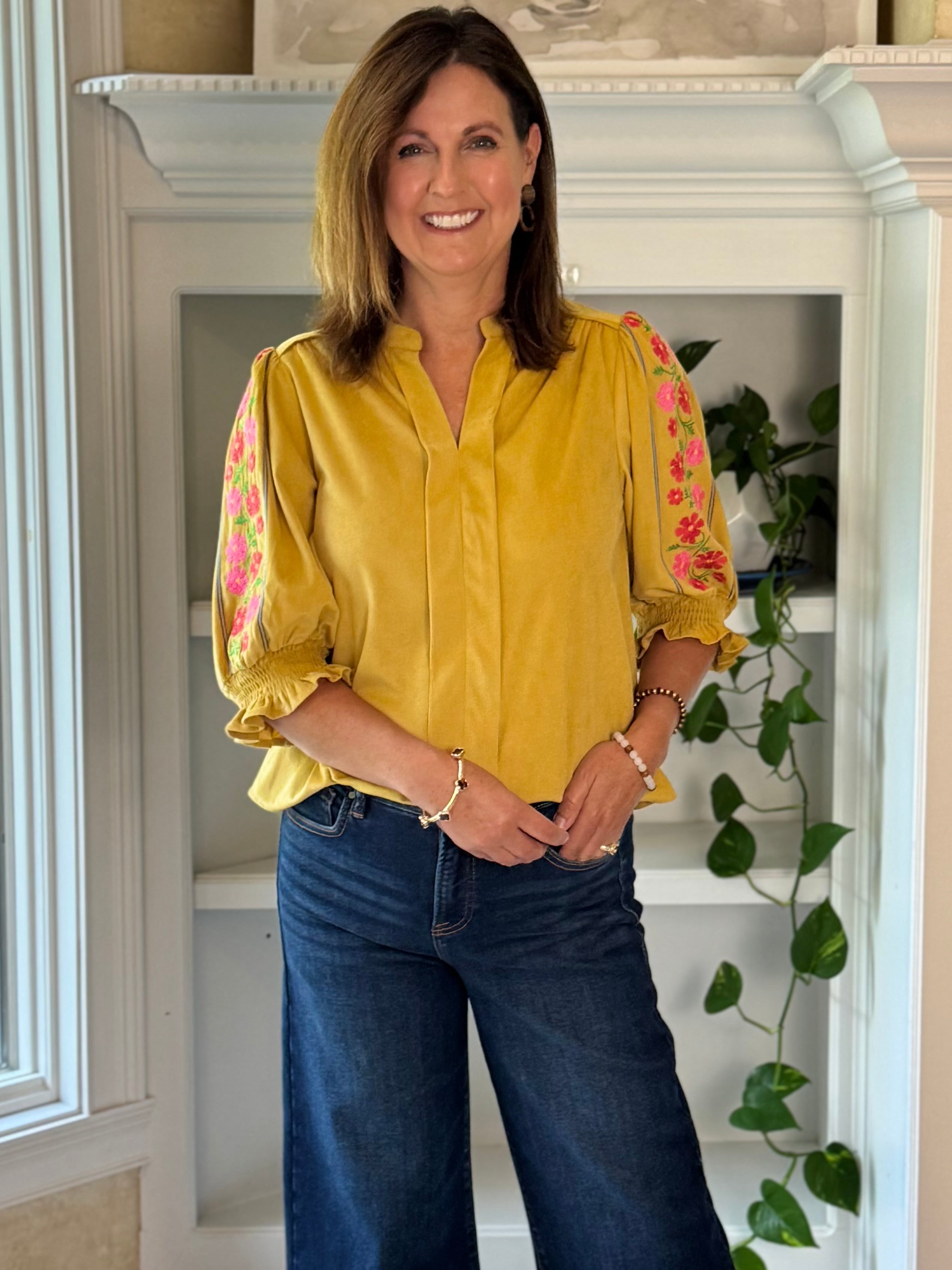 Flower Trail Embroidered Corduroy Top
