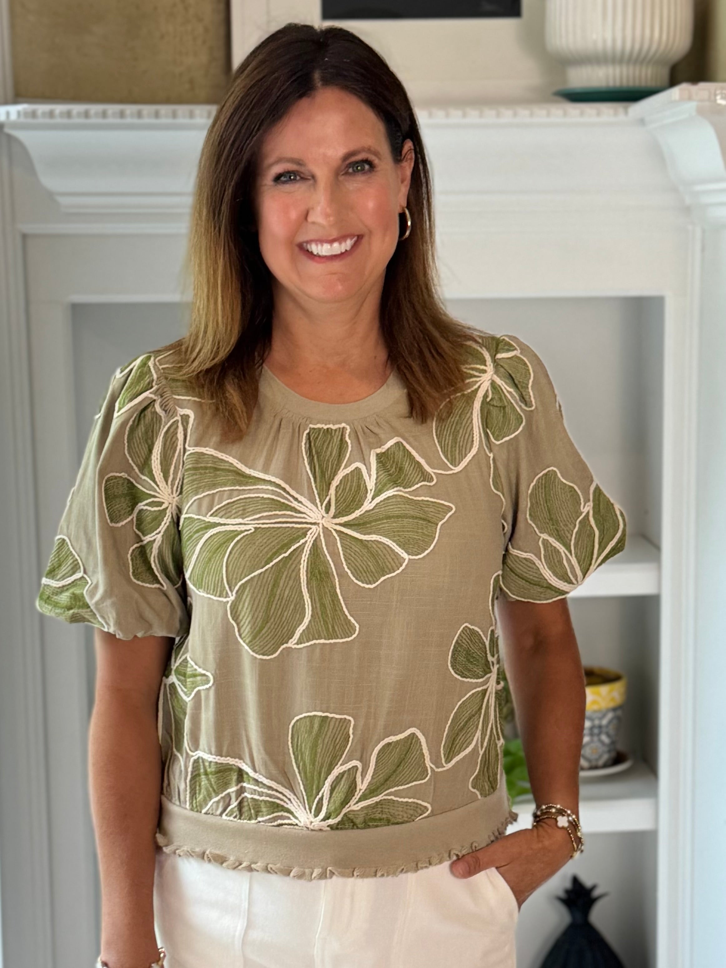 Meadow Embroidered Top - Olive