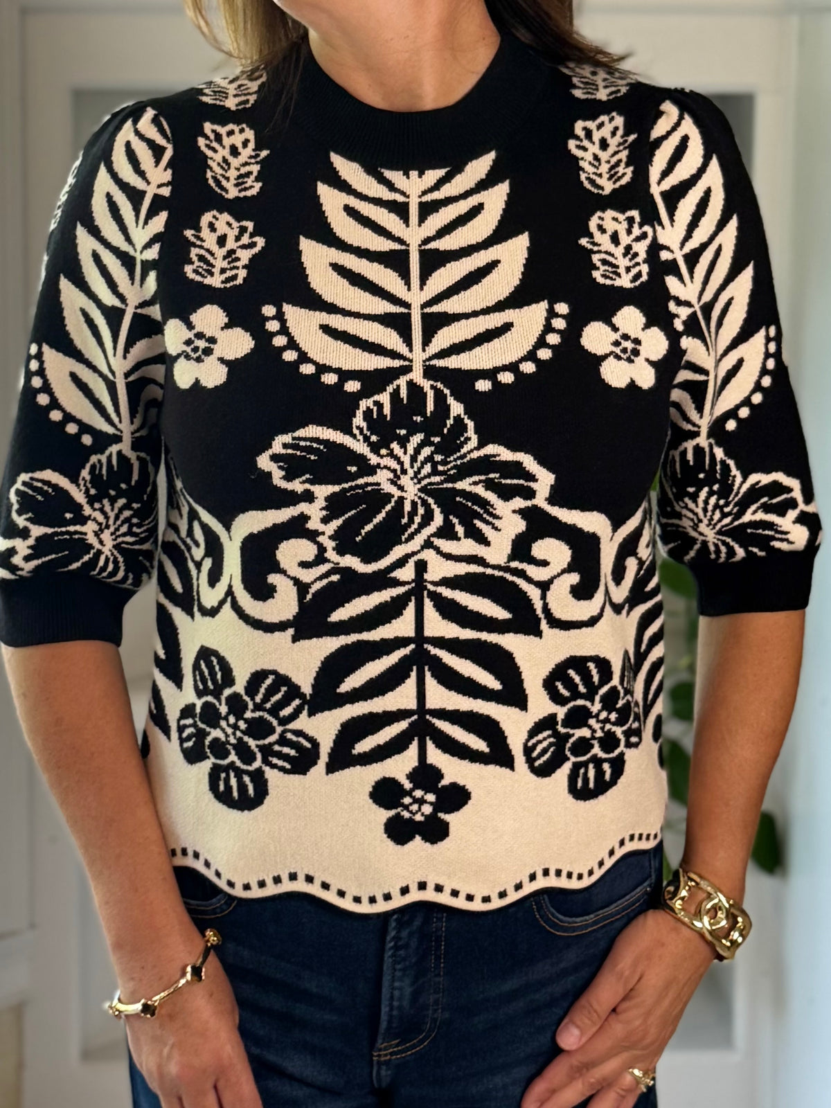 THML Botanical Beauty Knit Top - Black