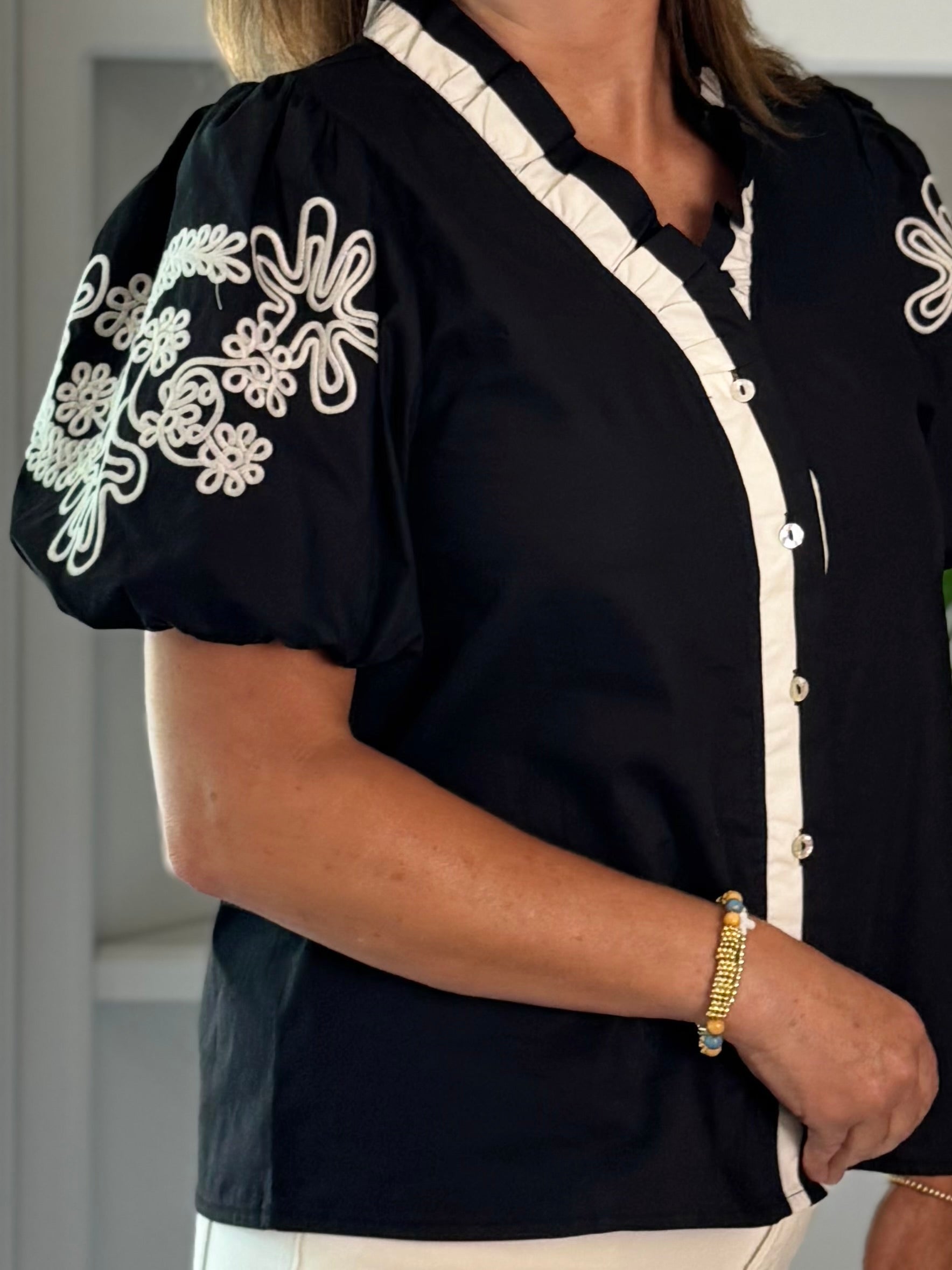 Artful Contrast Embroidered Top - Black