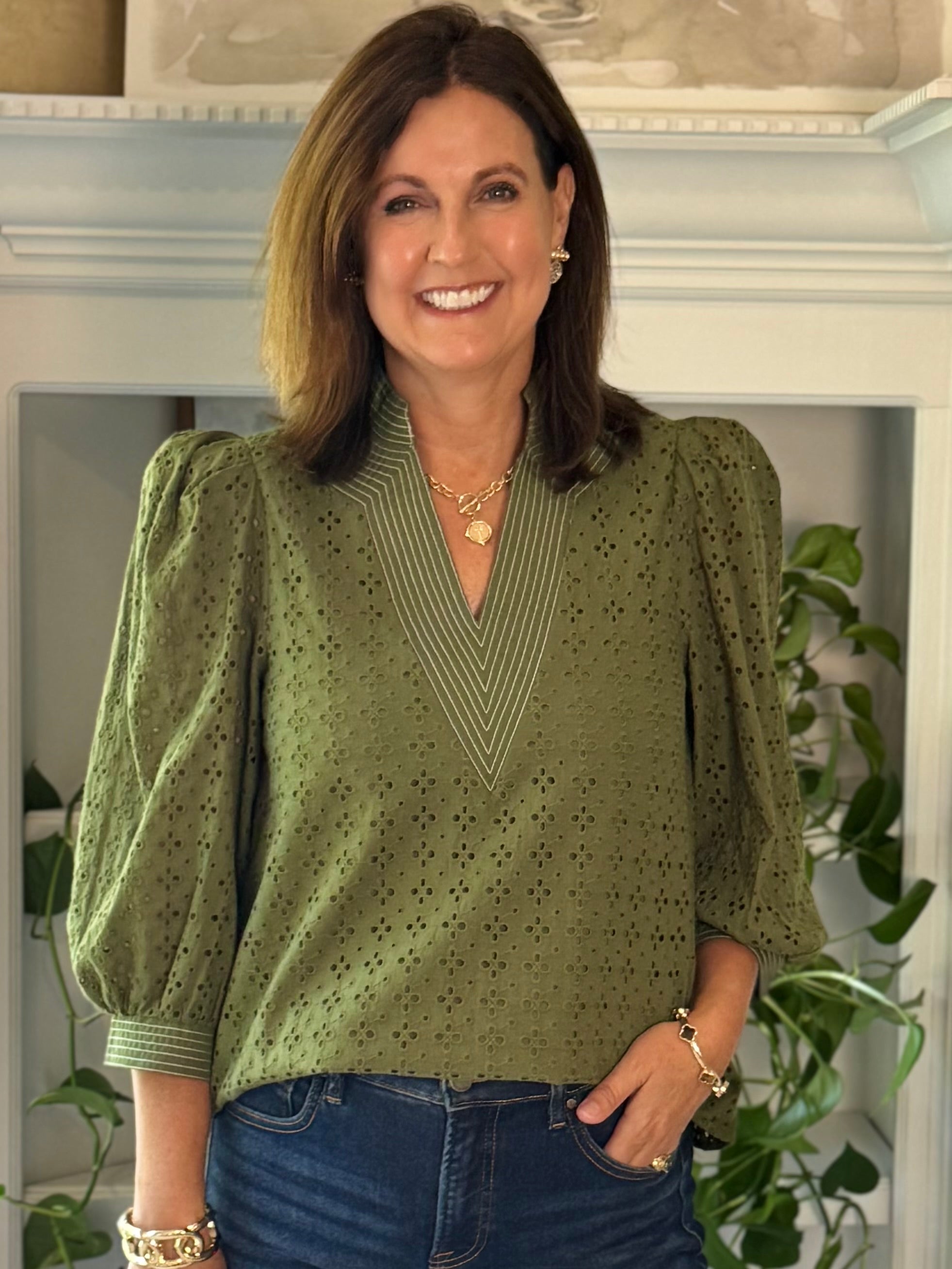 Olive Allure Eyelet Top