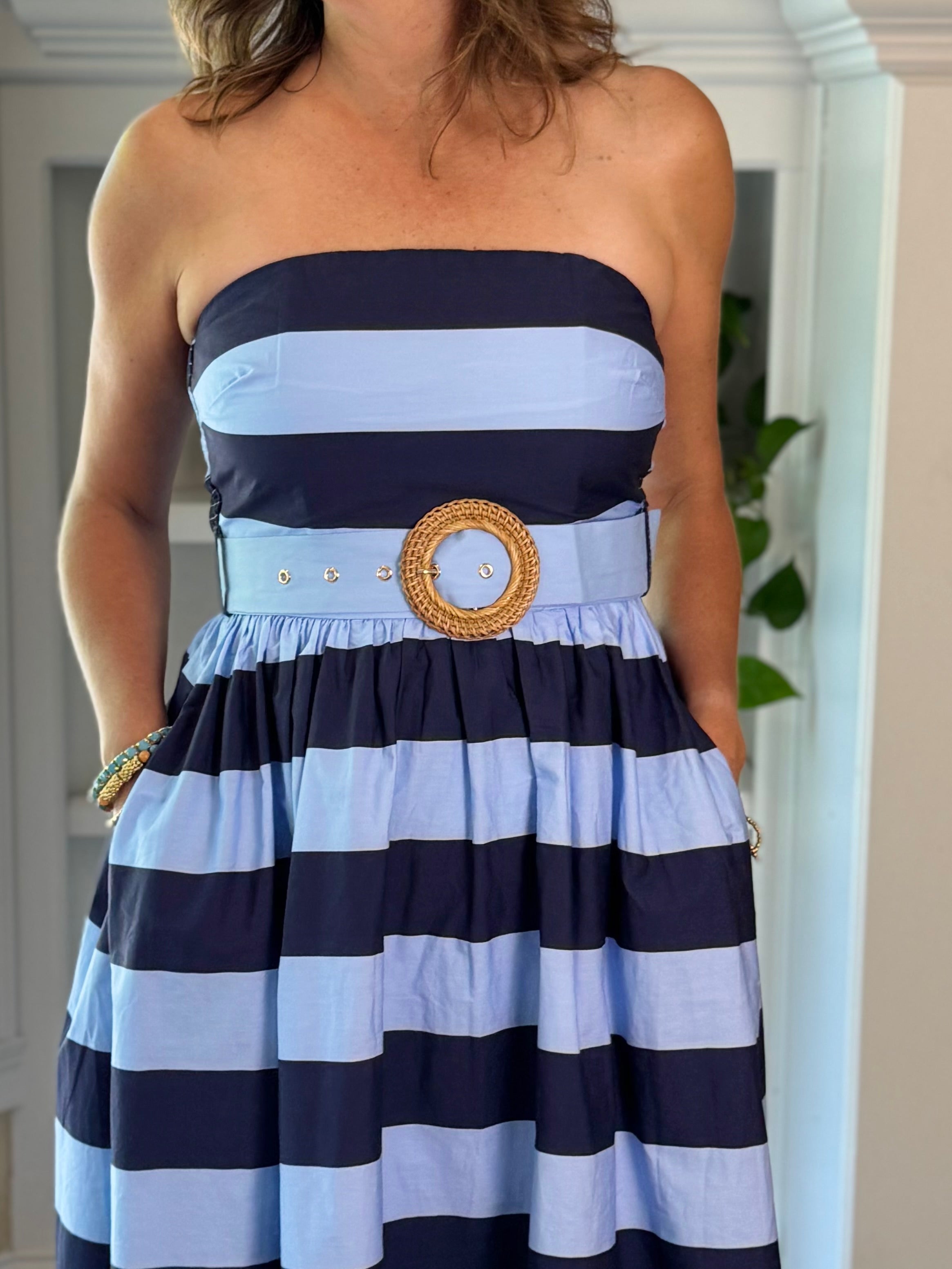 Harbor Striped Strapless Midi Dress