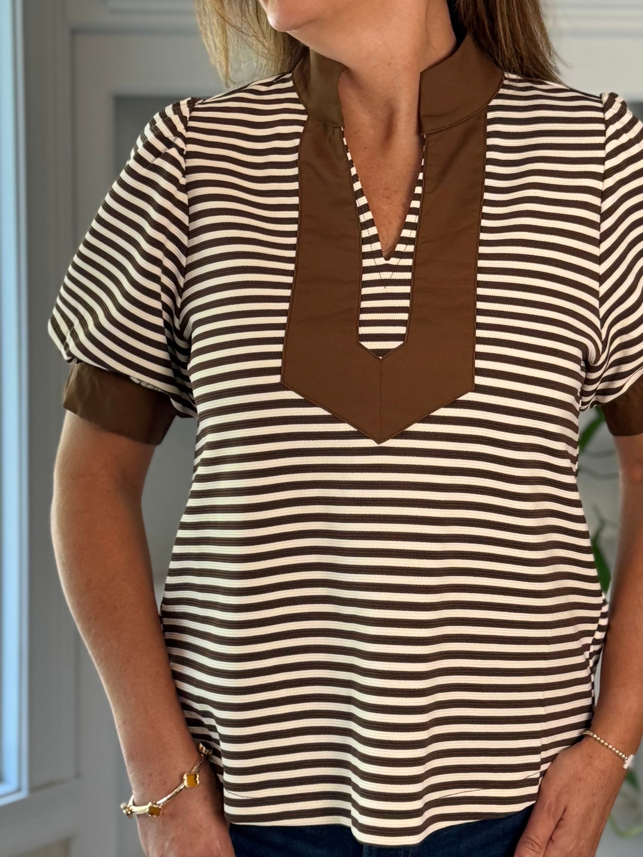 Timeless Contrast Top - Brown Stripes