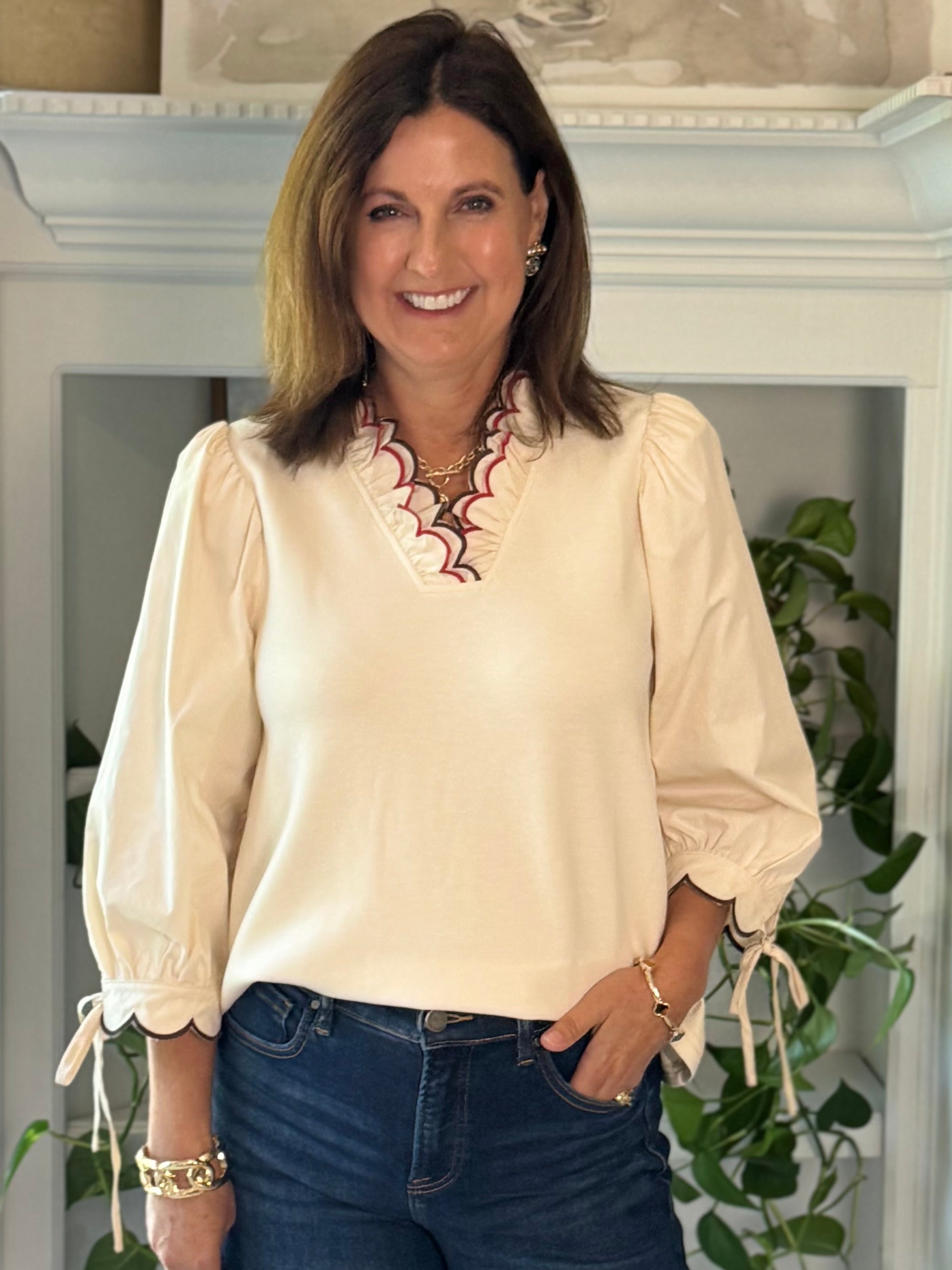 Scalloped Grace Long-Sleeve Top - Ivory