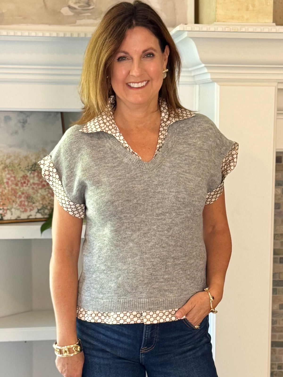 THML Peek of Print Knit Top - Gray