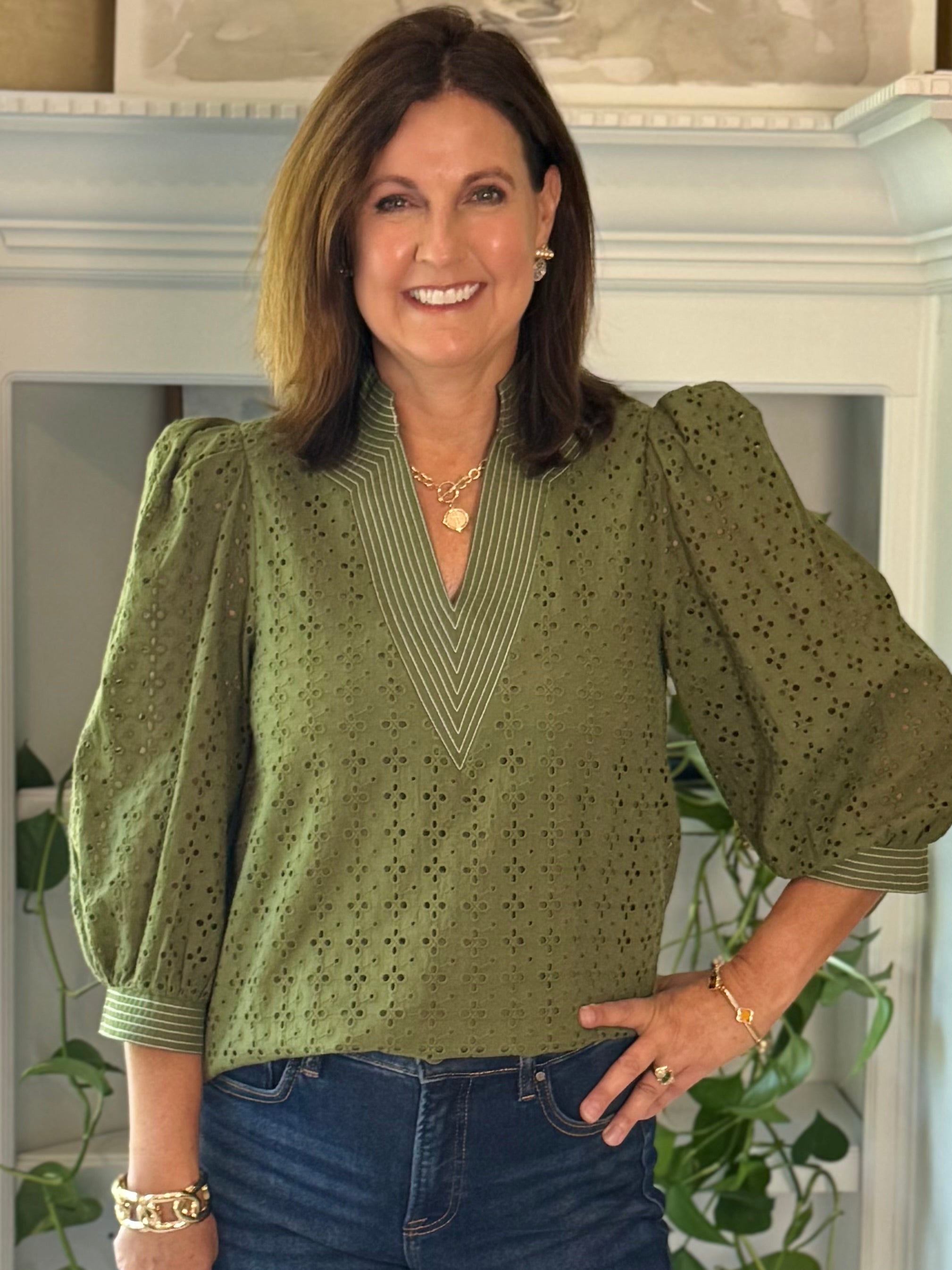 Olive Allure Eyelet Top