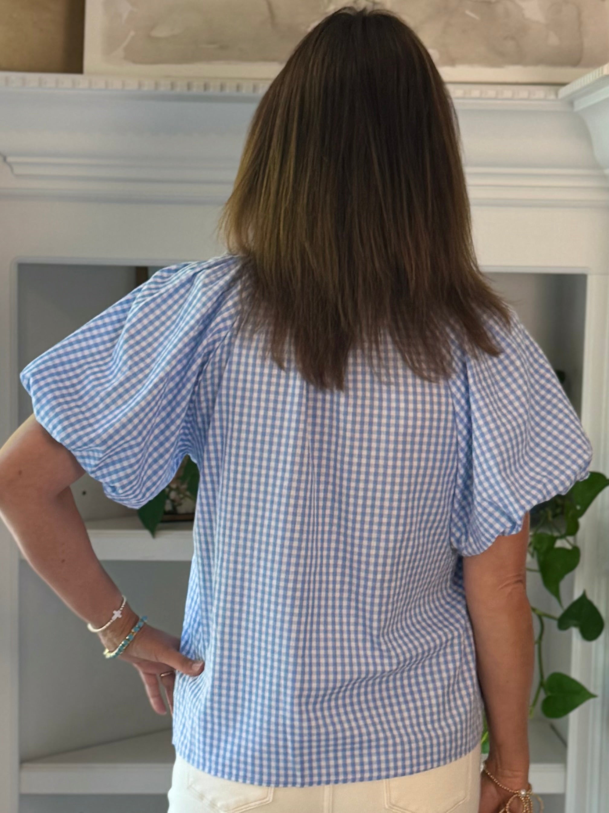 Summer Classic Gingham Embroidered Top - Blue