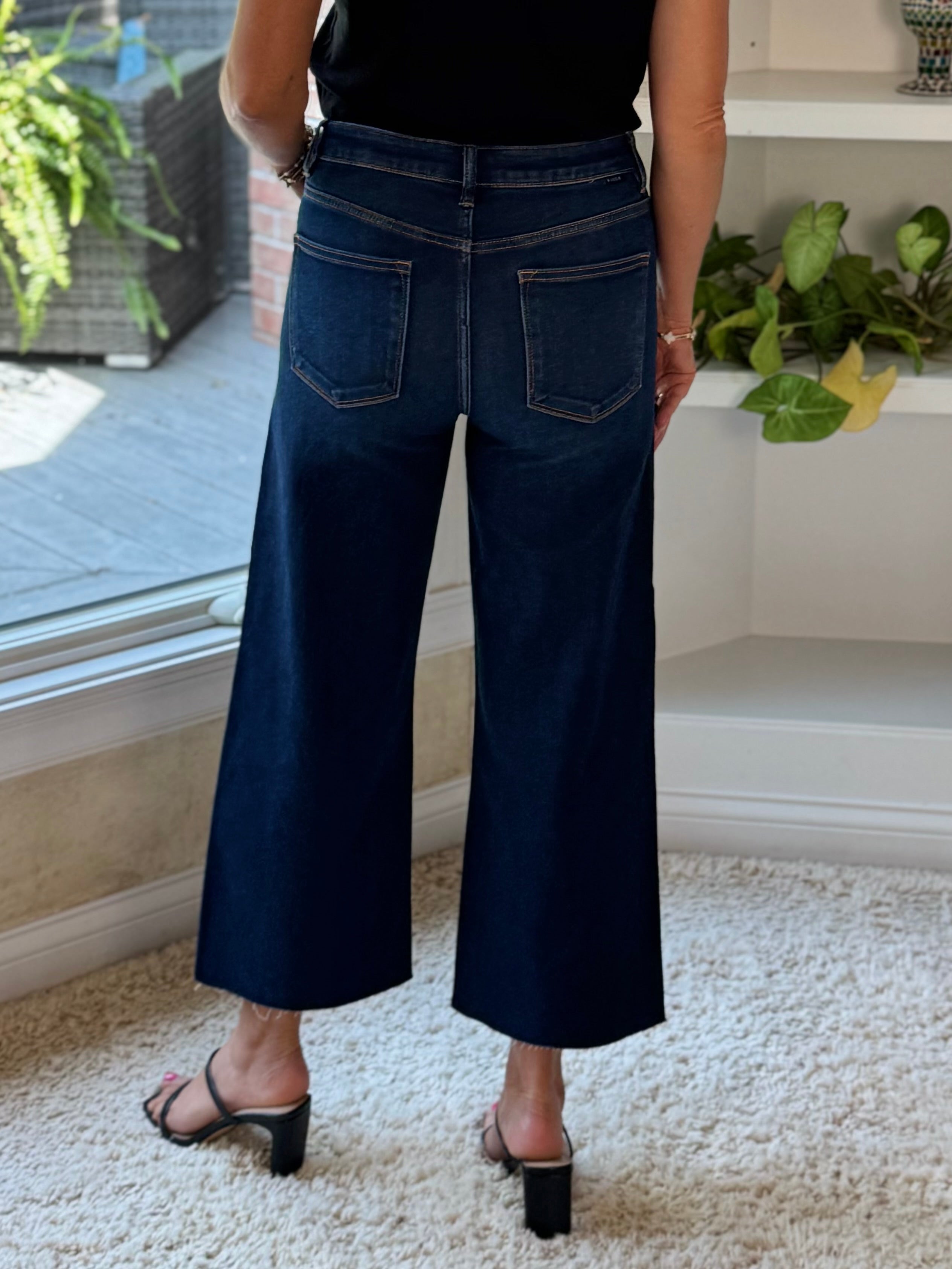 Risen High-Rise Wide Leg Crop Jeans - Dark Blue