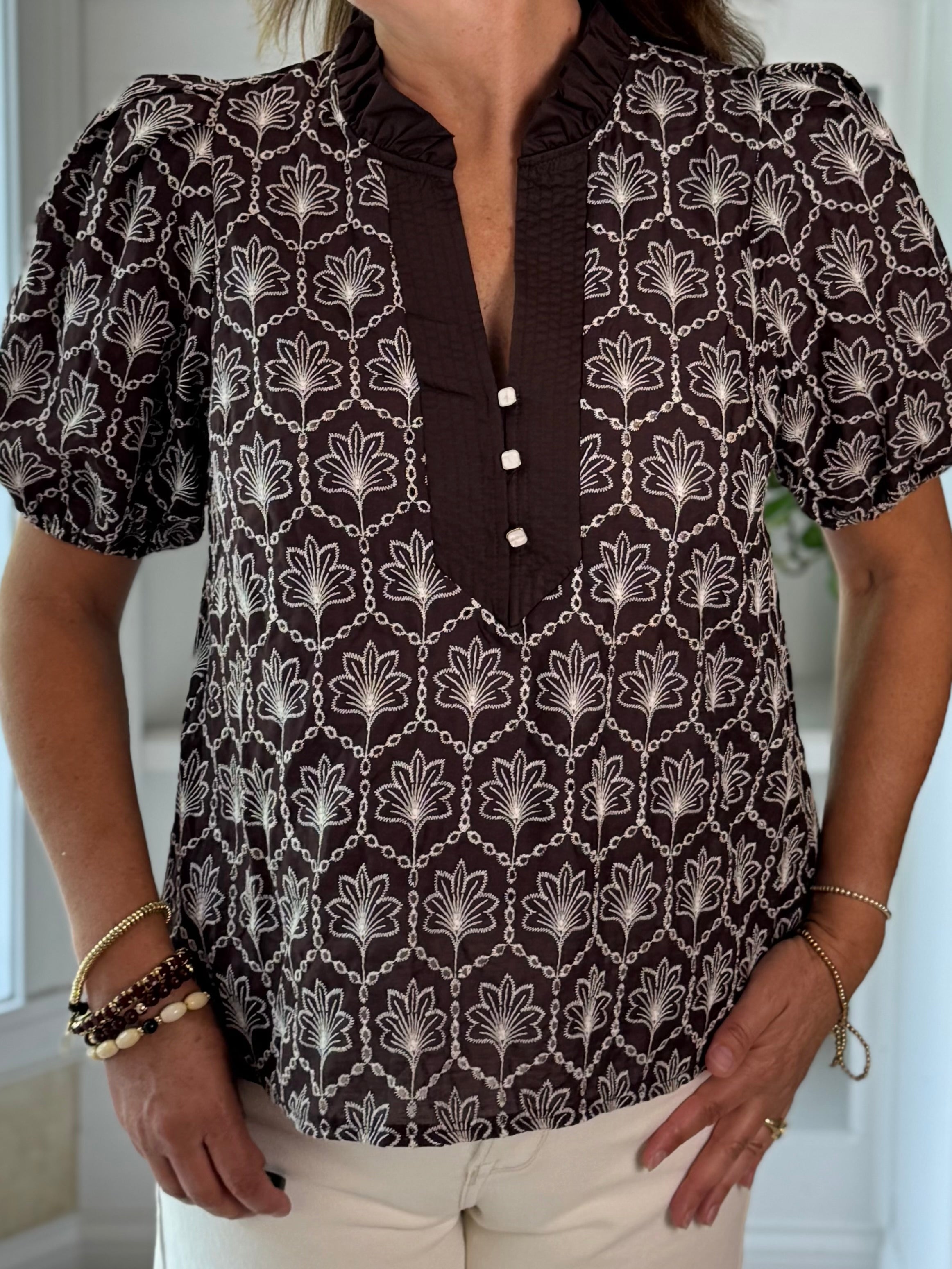 Expresso Elegance Embroidered Top