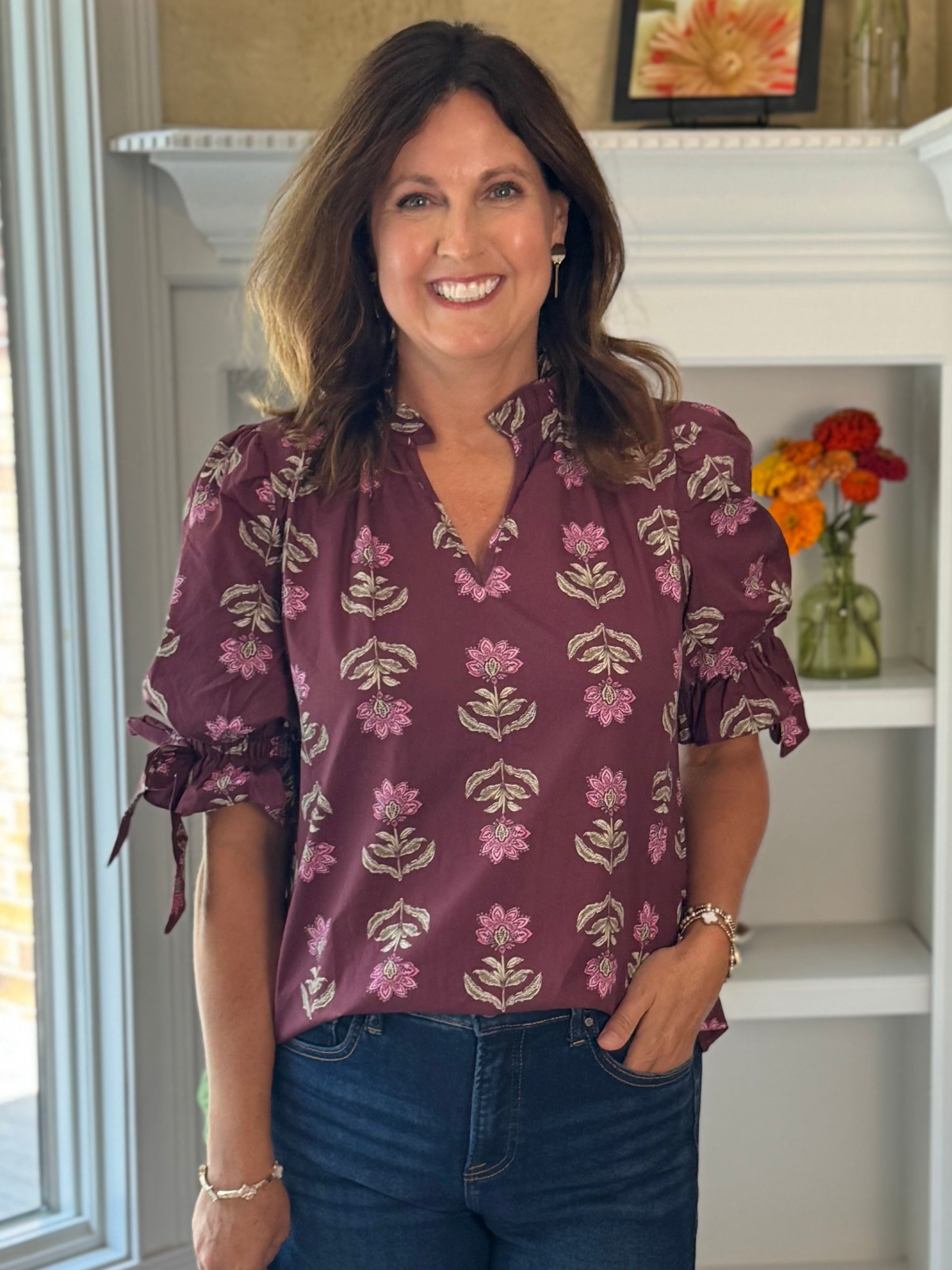 Floral Pop Tie-Sleeve Top