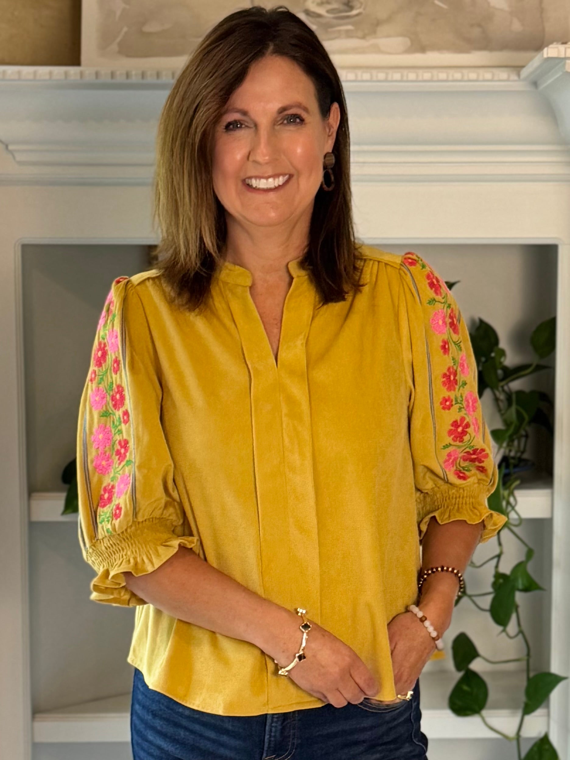 Flower Trail Embroidered Corduroy Top