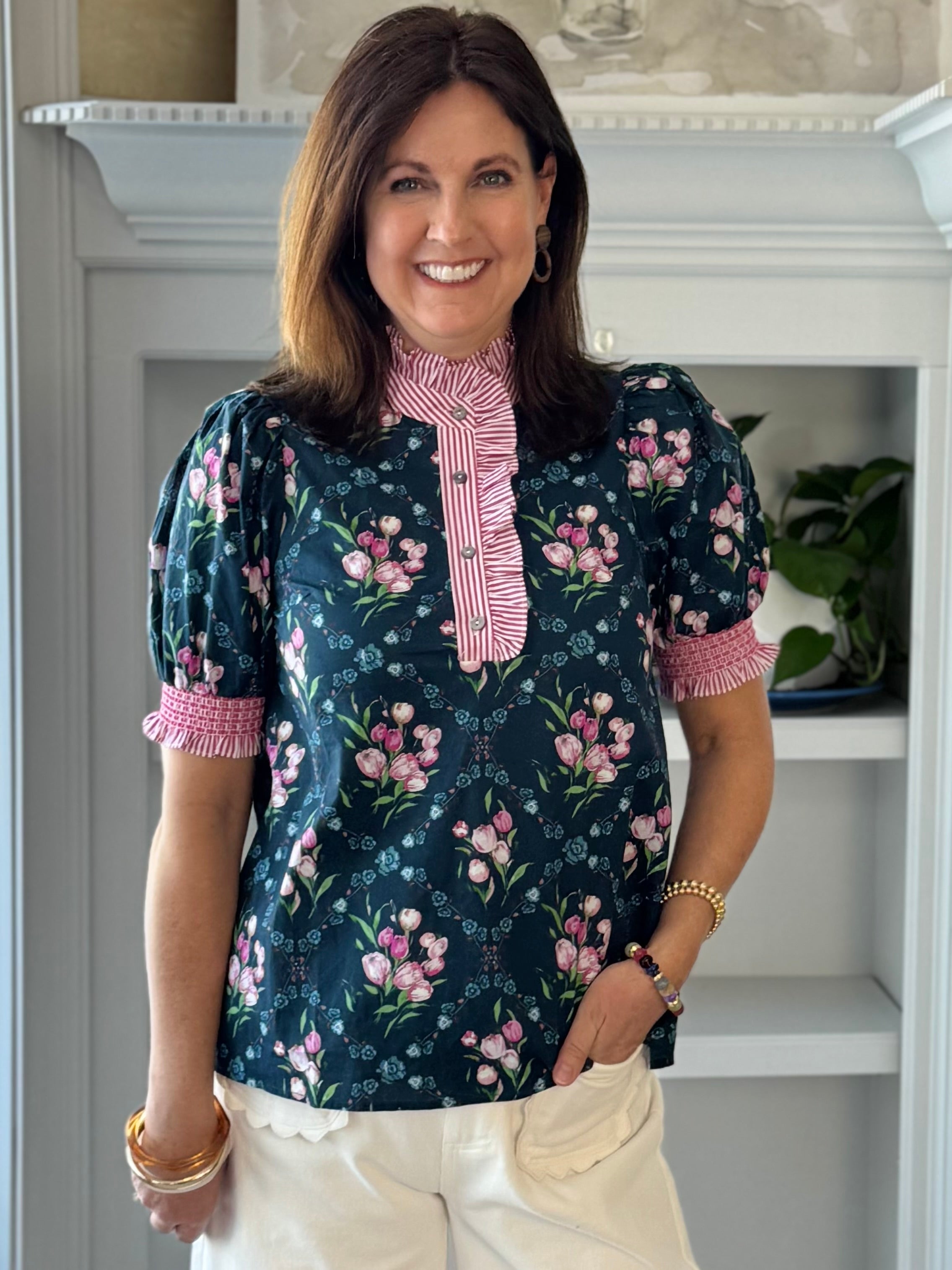 Standout Floral Detail Top - Navy