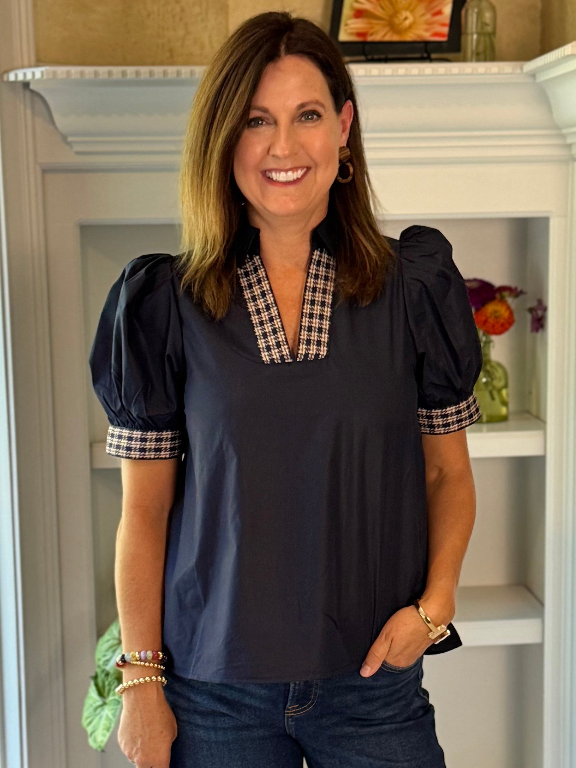 Tweed Trim Top - Navy