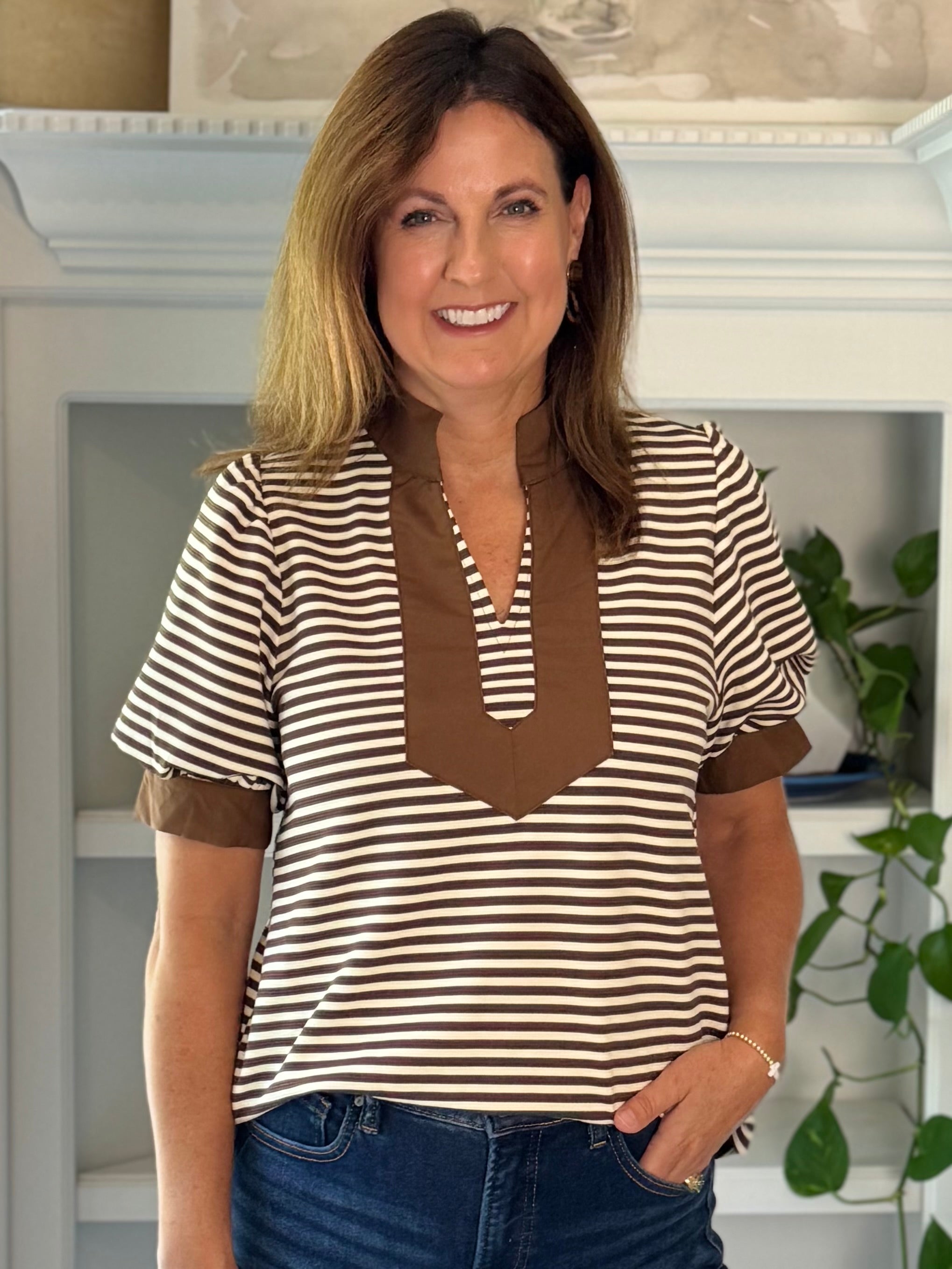 Timeless Contrast Top - Brown Stripes
