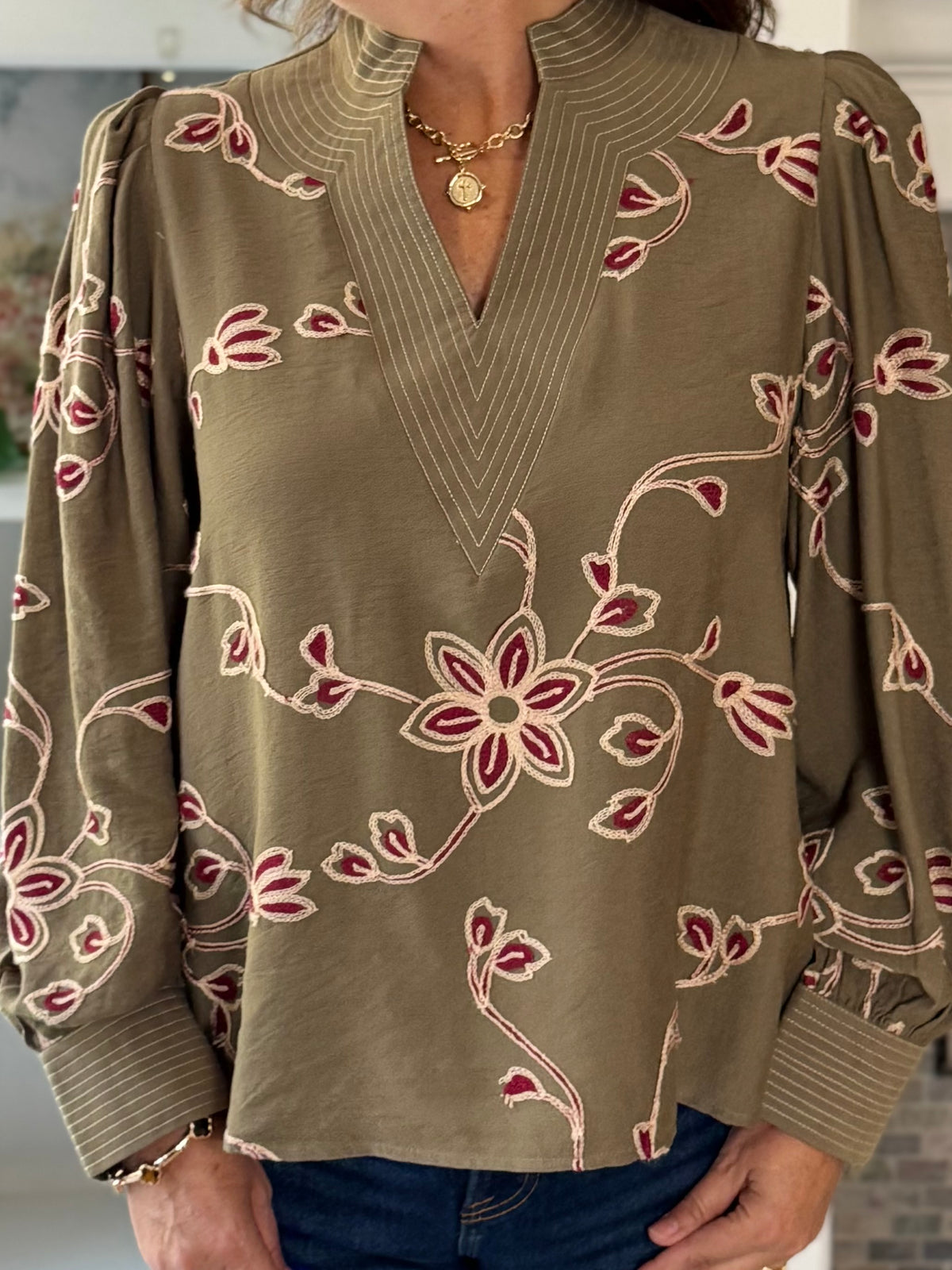 Remarkable Details Embroidered Blouse - Sage