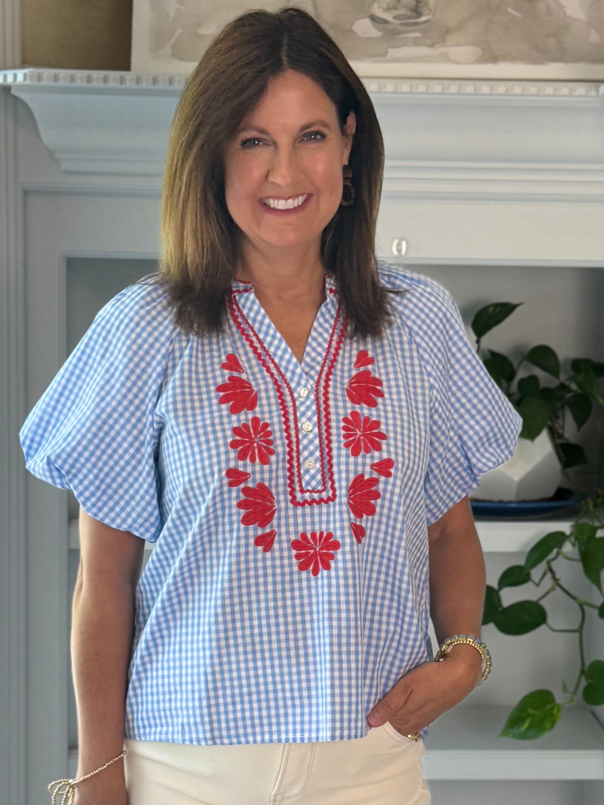 Summer Classic Gingham Embroidered Top - Blue