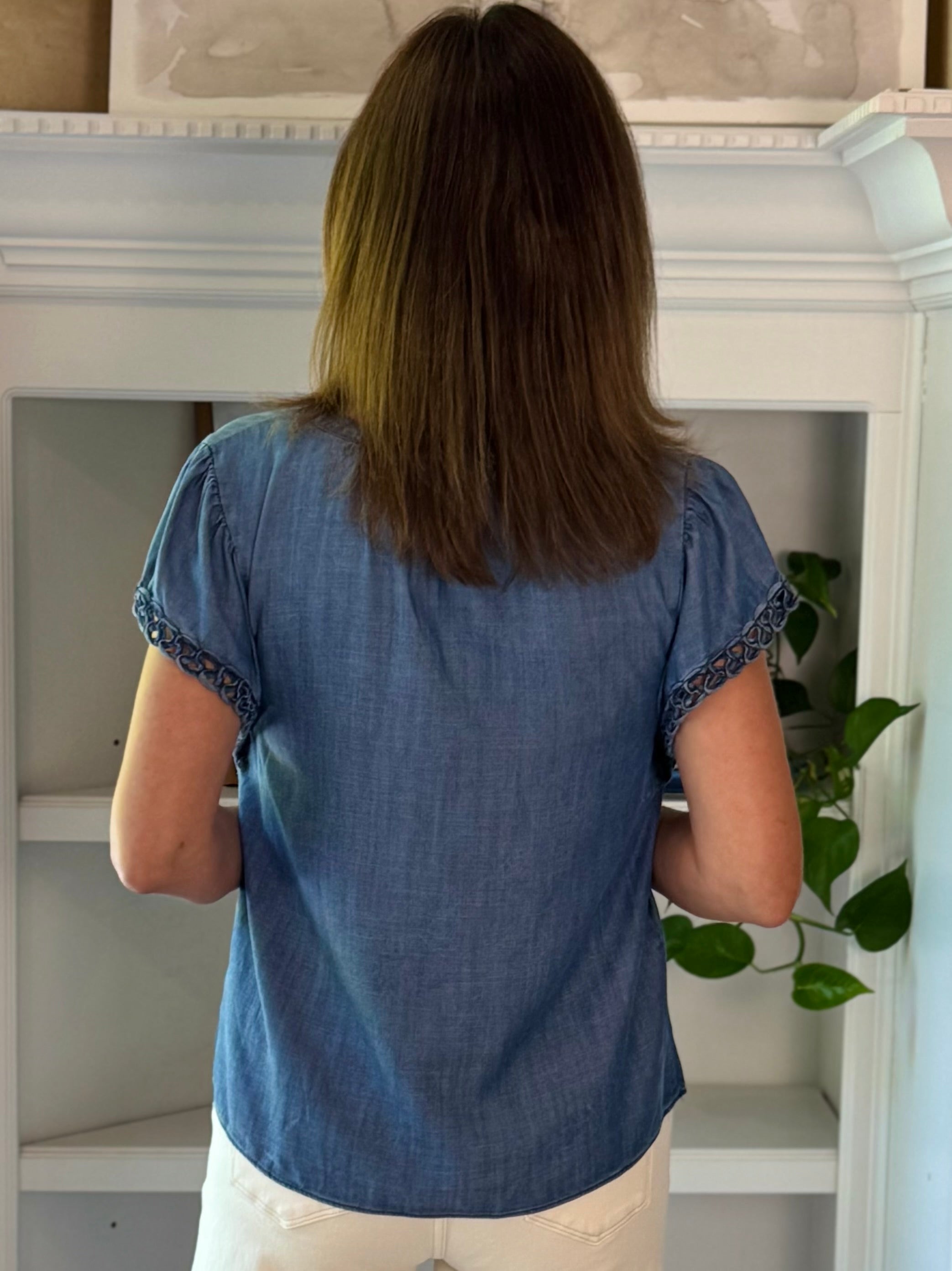 Current Air Chambray Crochet Sleeve Top