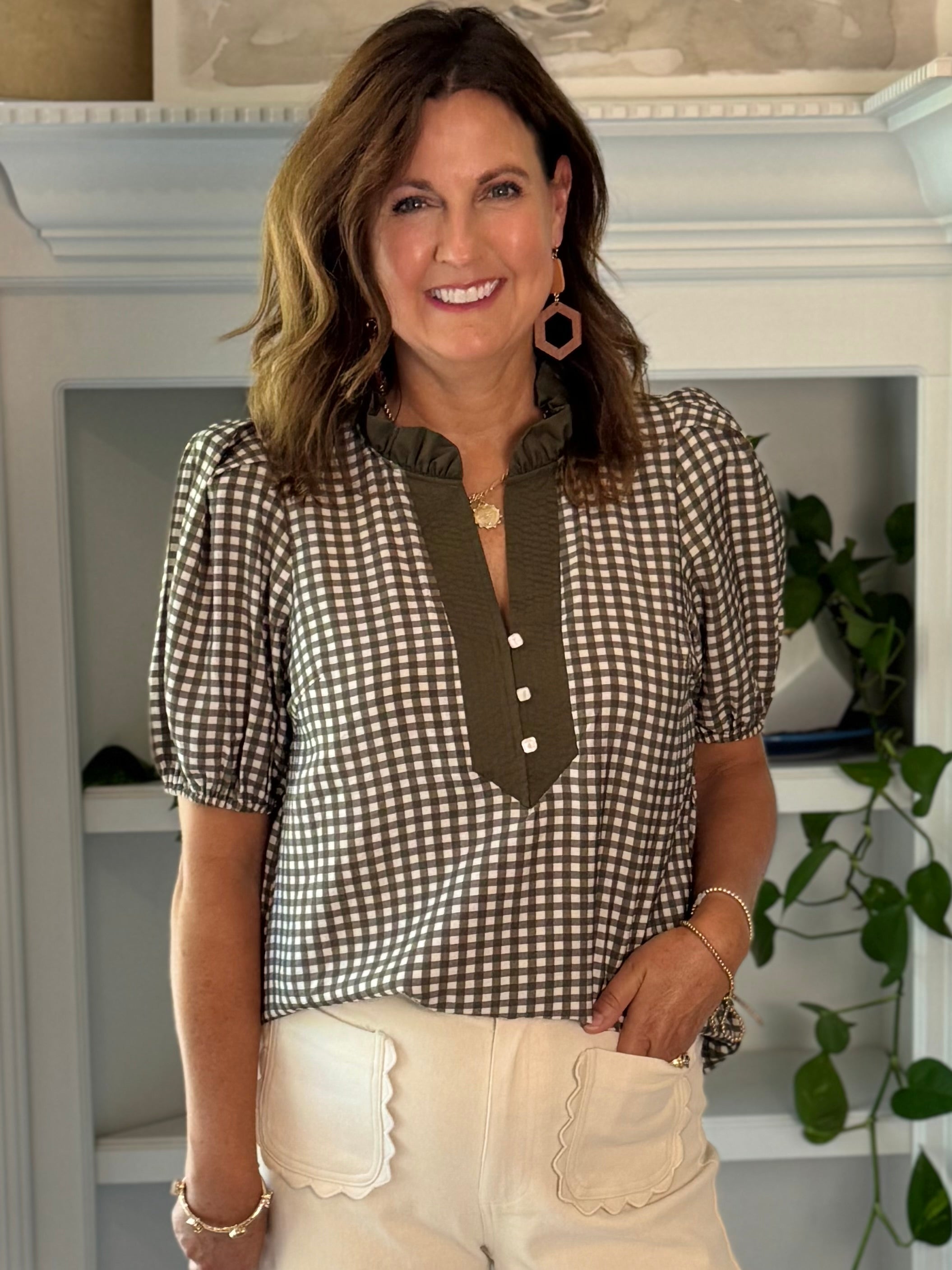 Classic Charm Gingham Top - Olive