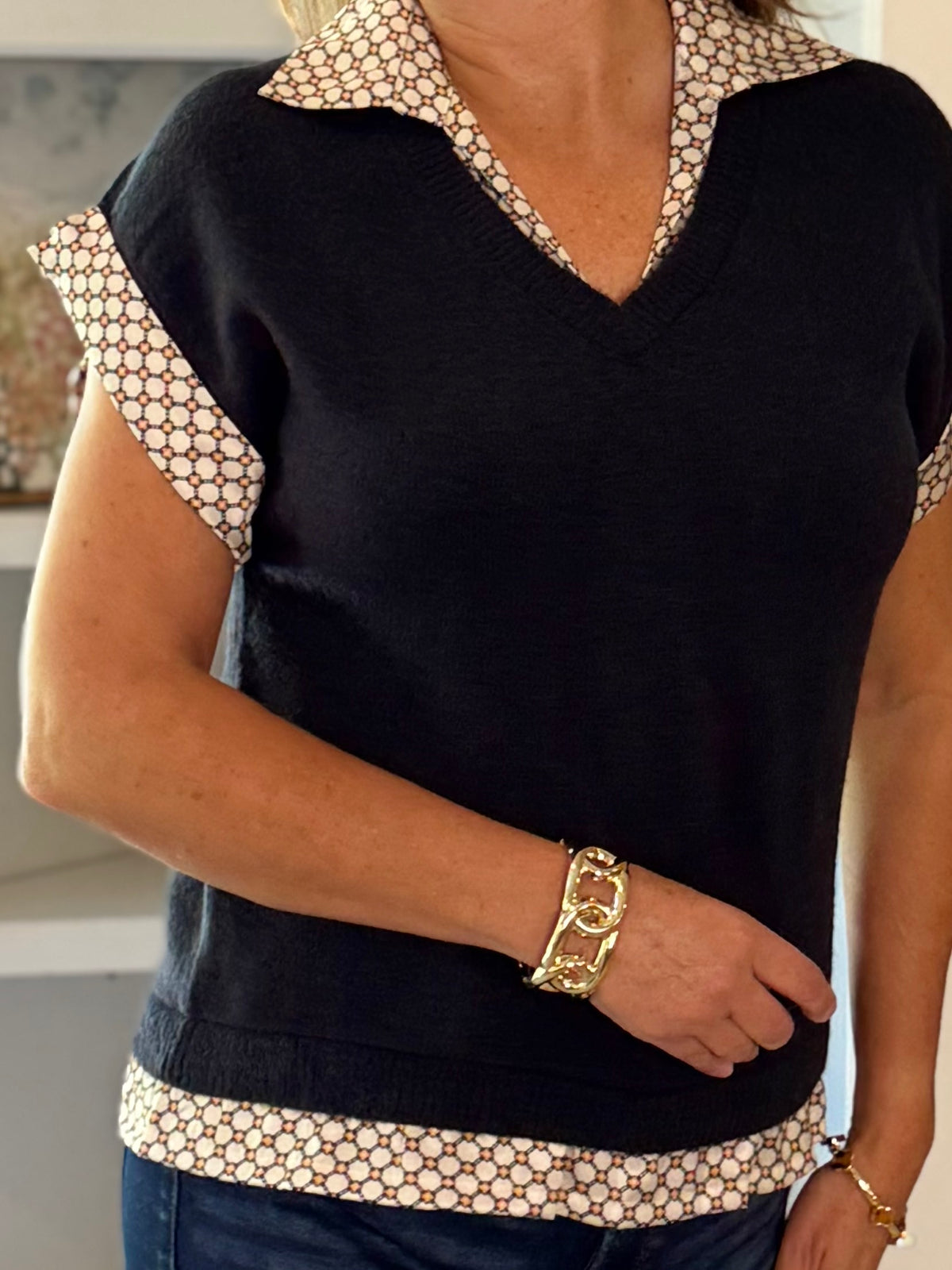 THML Peek of Print Knit Top - Navy