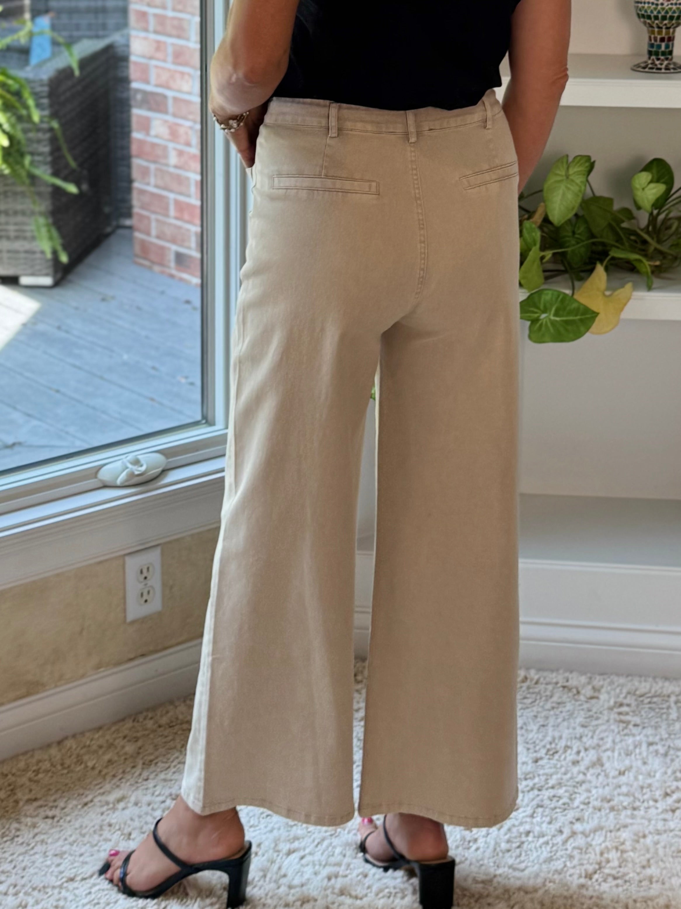 High-Rise Wide Leg Ankle Length Pants - Stone
