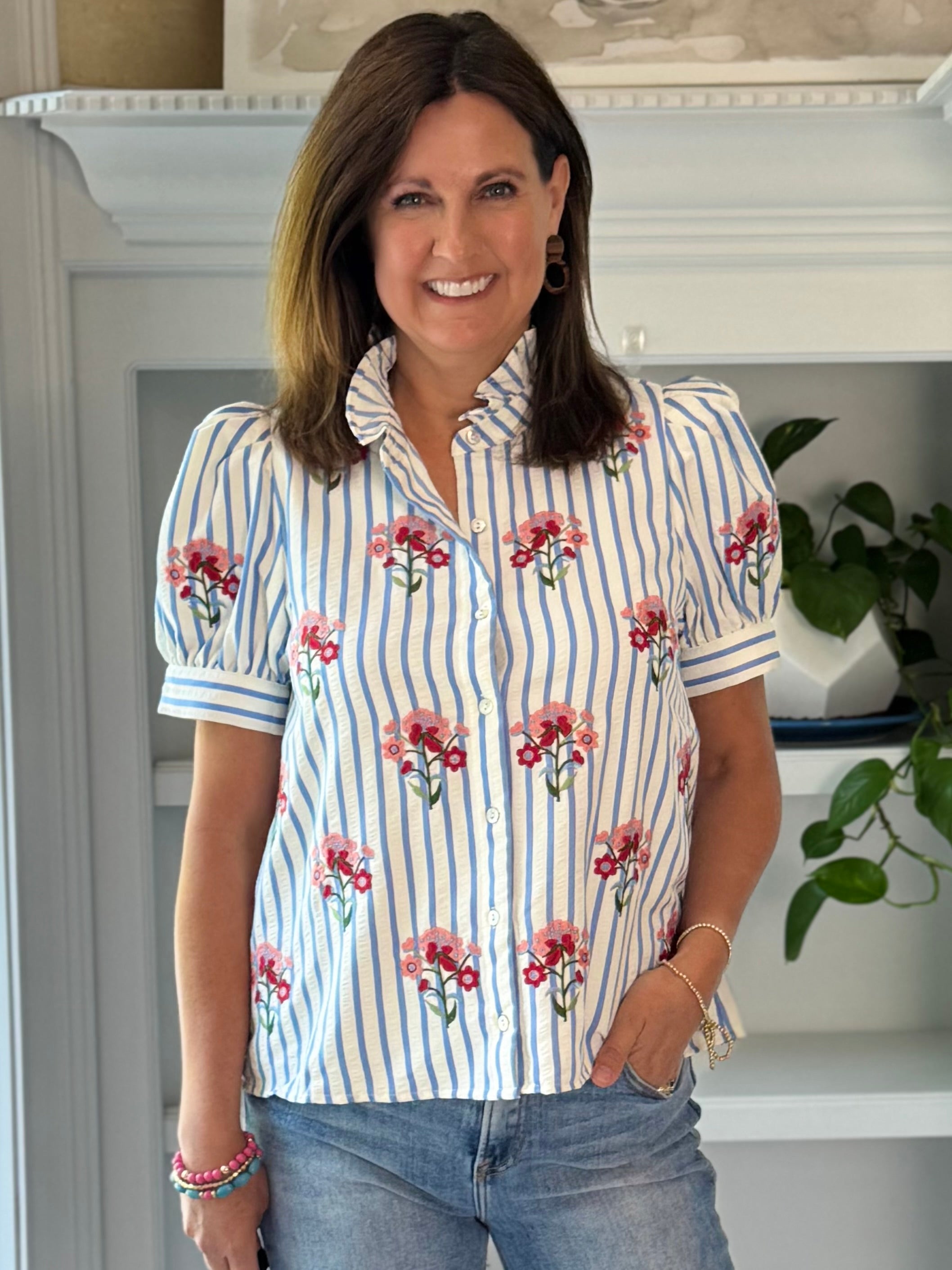 Floral & Stripes Embroidered Top