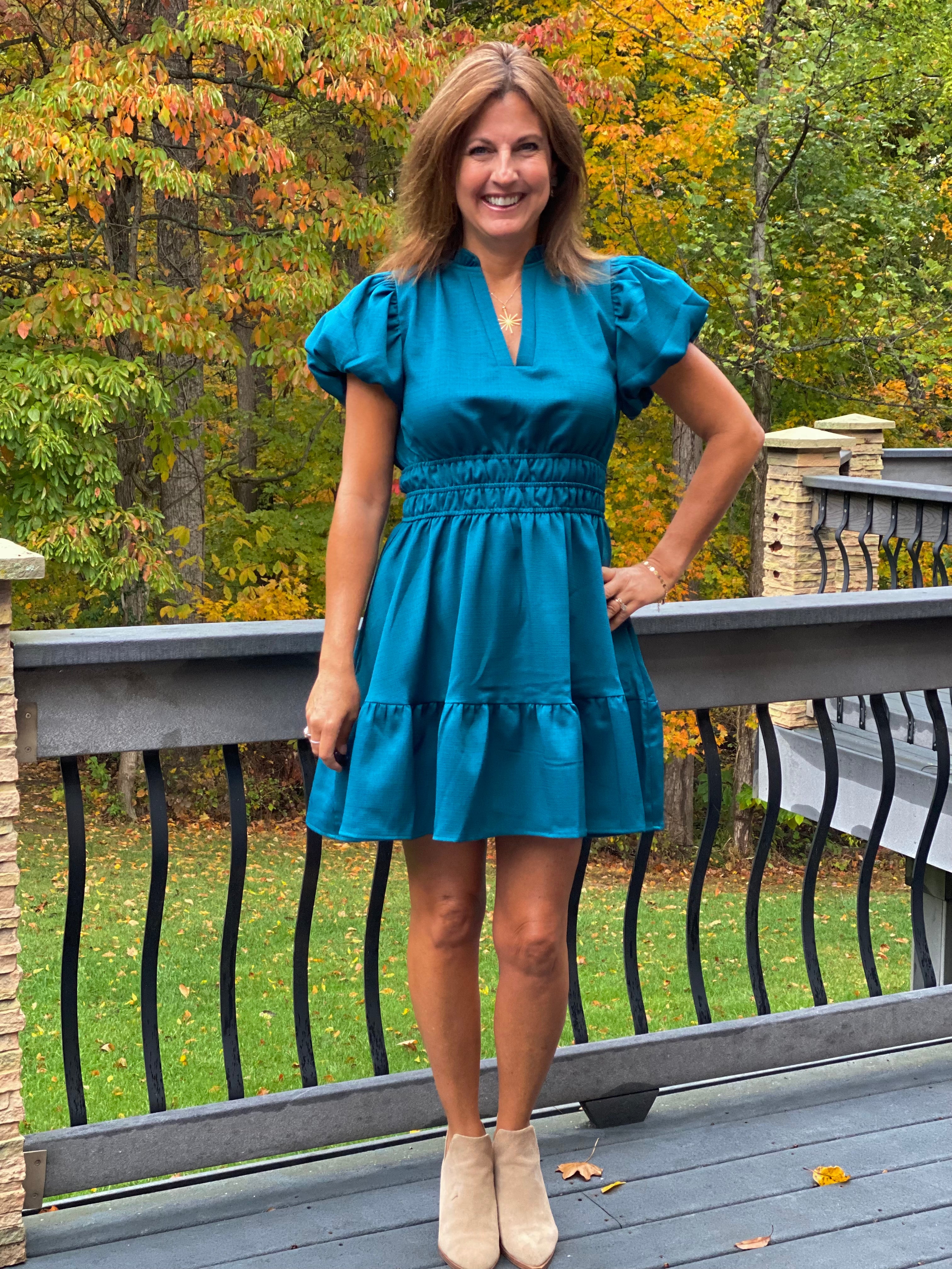 V-Neck Short Sleeve Dress - Teal