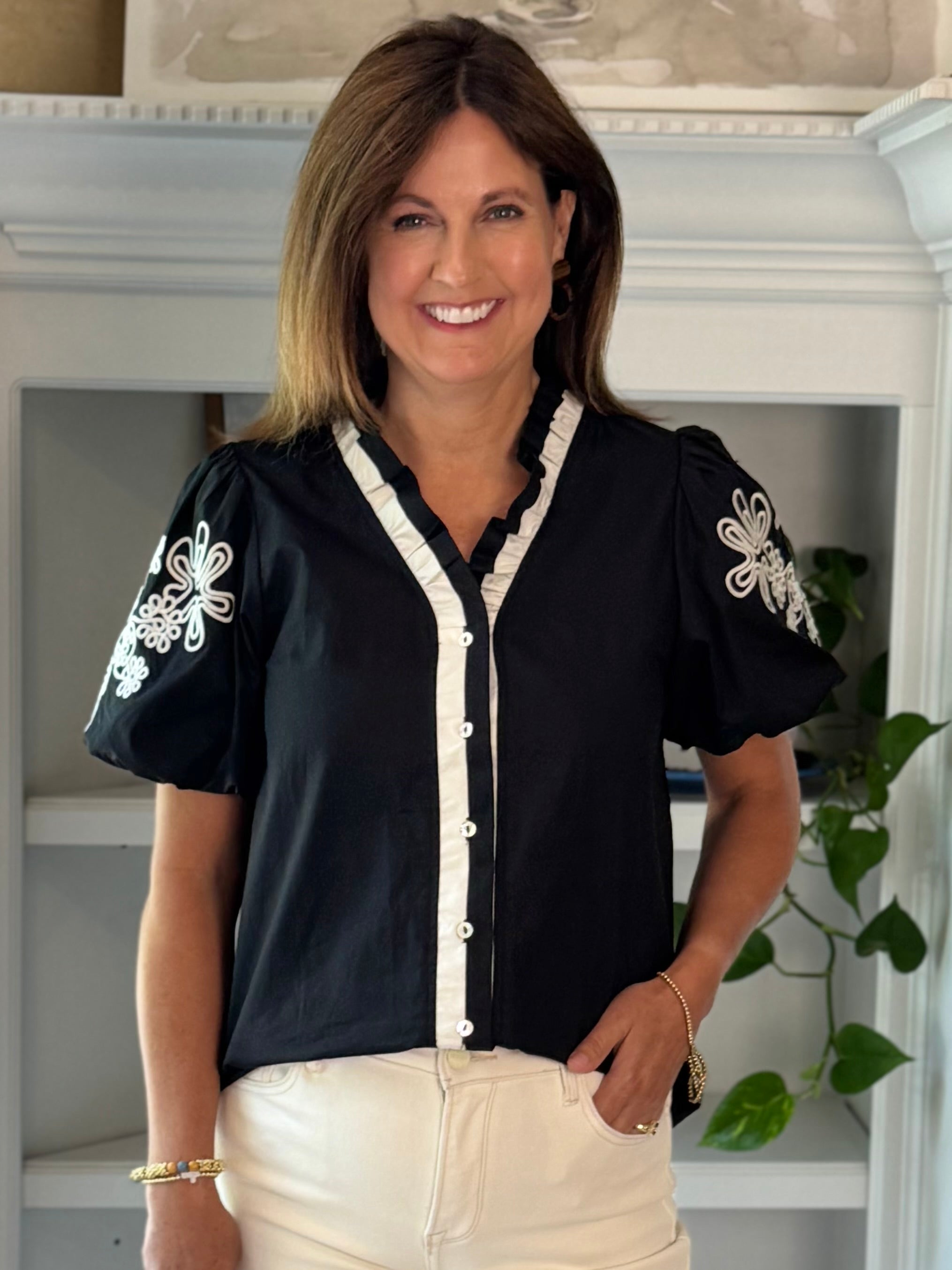 Artful Contrast Embroidered Top - Black