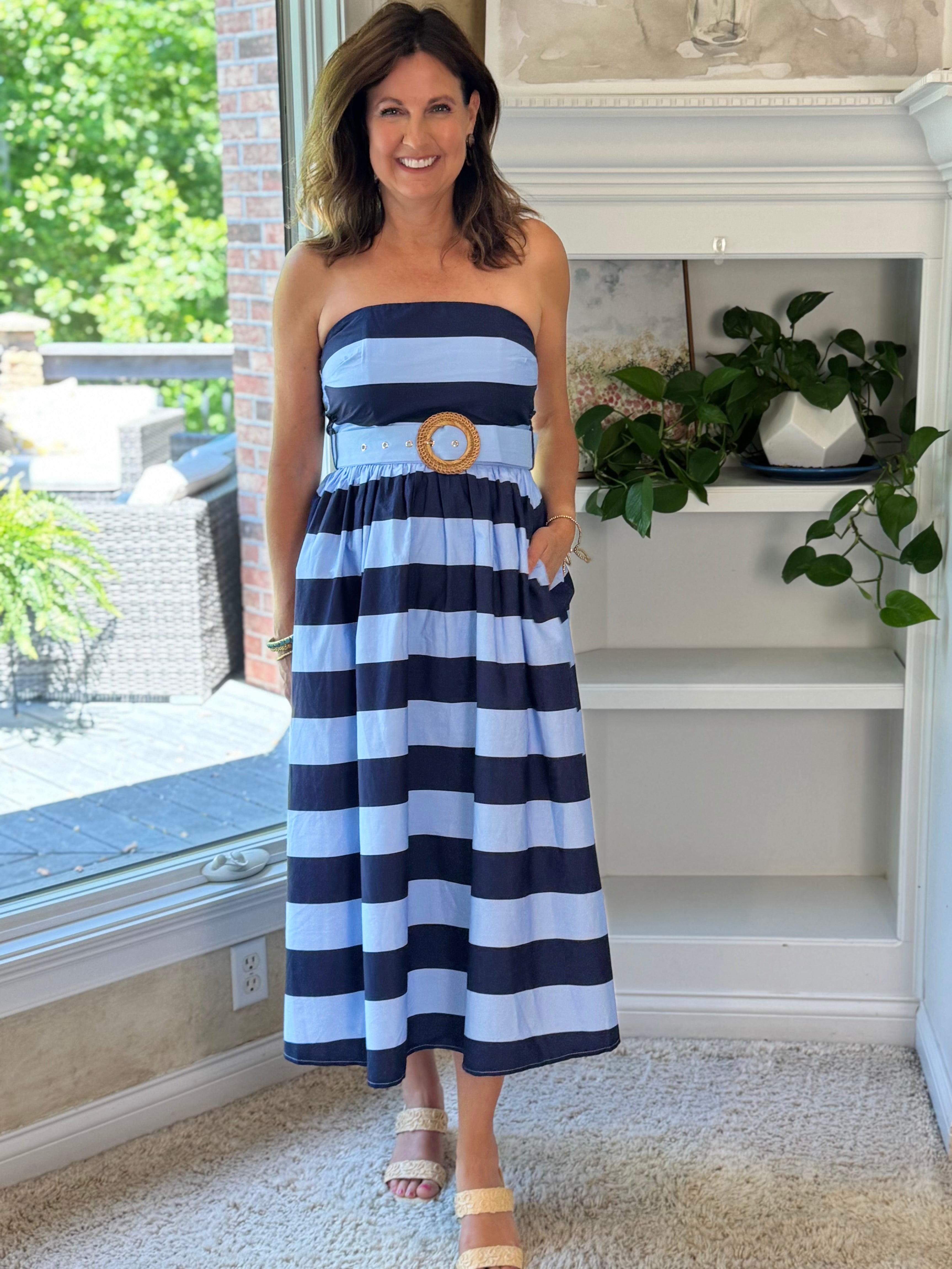 Harbor Striped Strapless Midi Dress