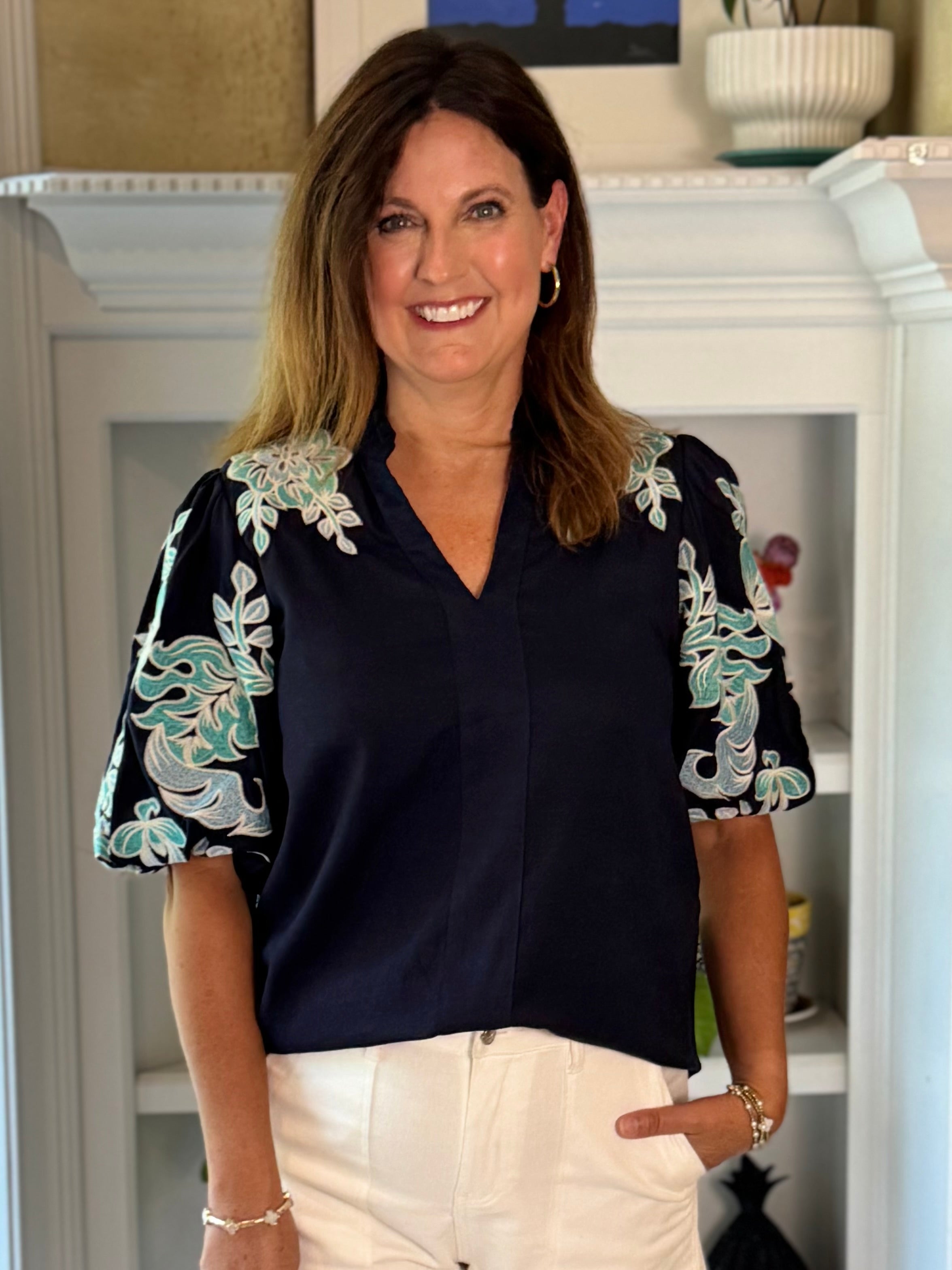 THML Seafoam Embroidered Top