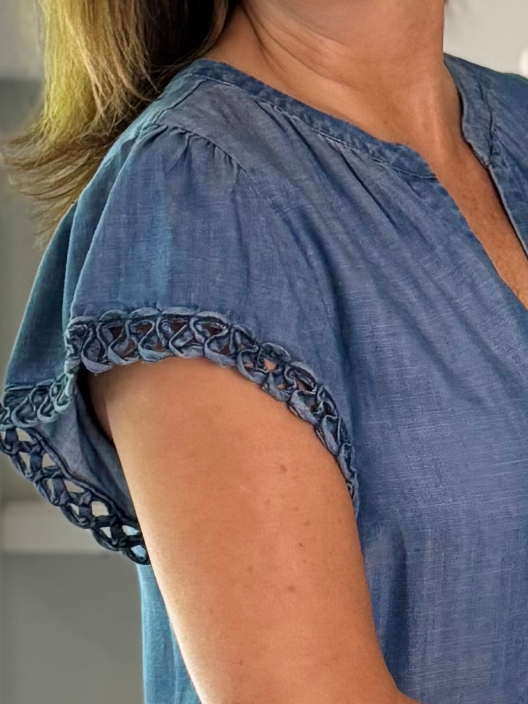 Current Air Chambray Crochet Sleeve Top