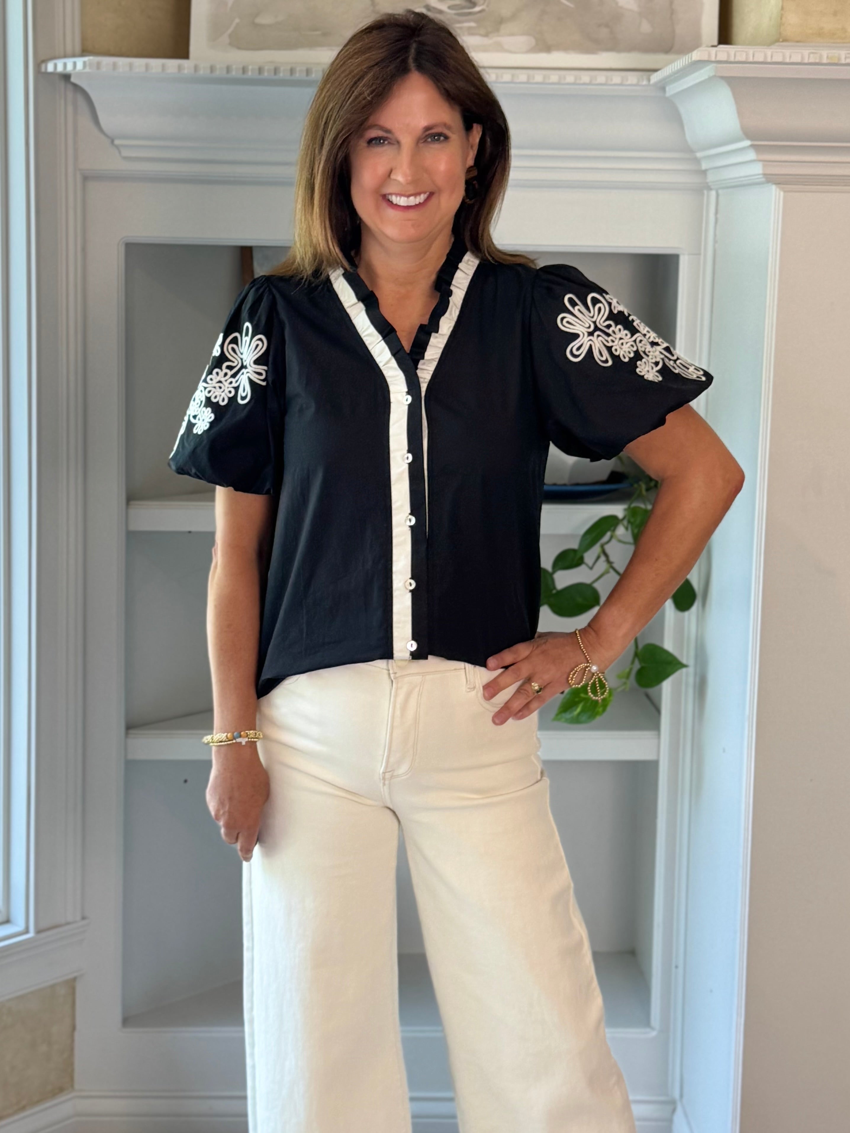 Artful Contrast Embroidered Top - Black