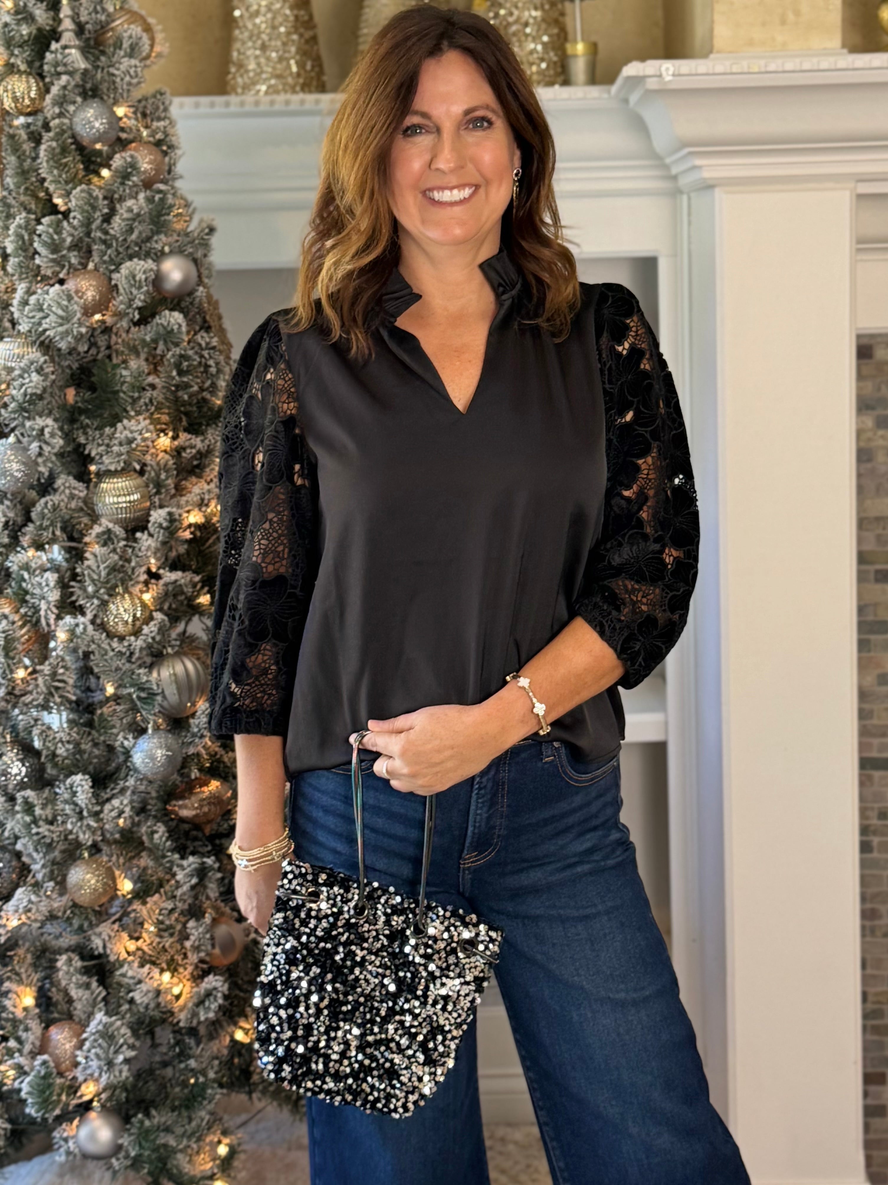THML Noir Lace Accent Blouse