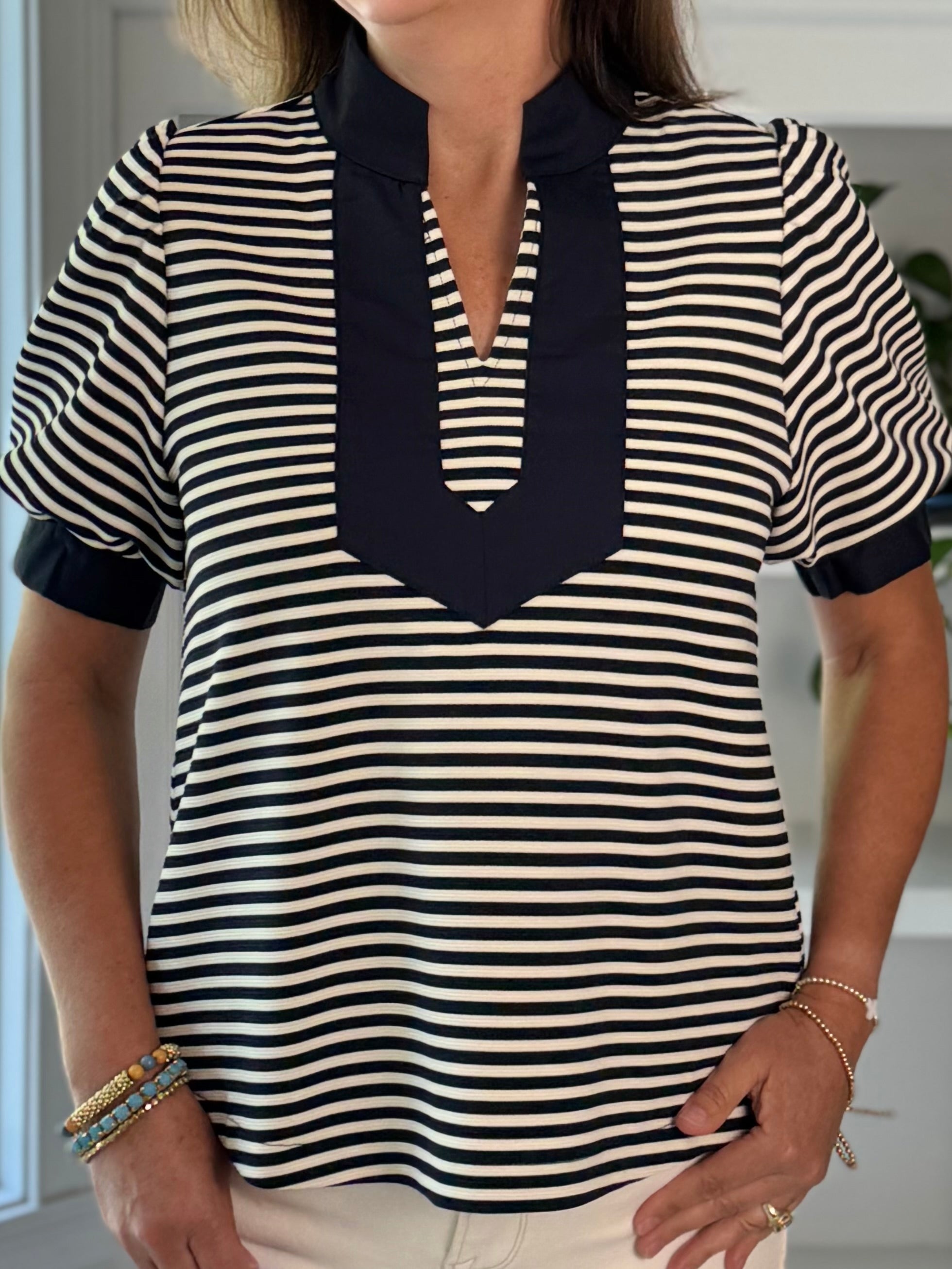 Timeless Contrast Top - Navy Stripes