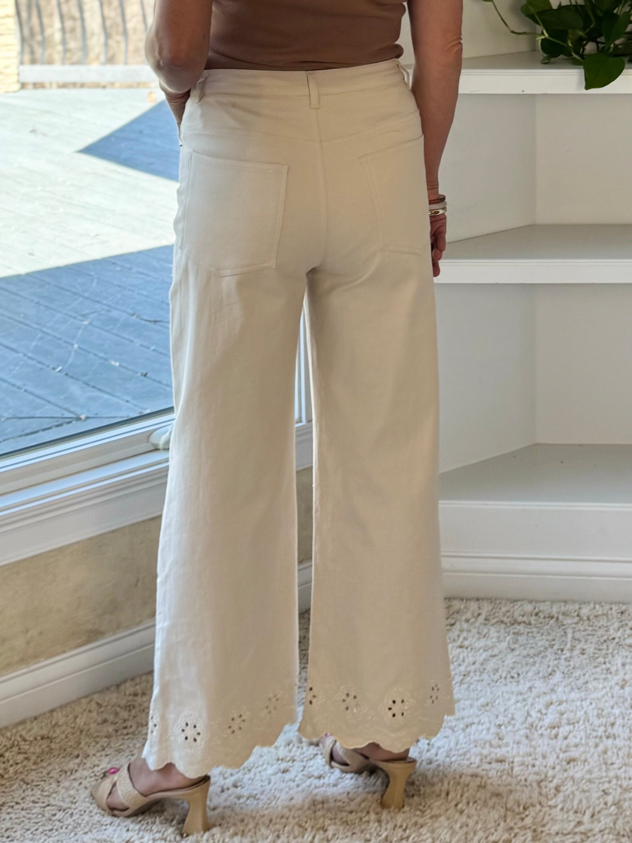 Eyelet Hem High-Rise Wide Leg Ankle Pants