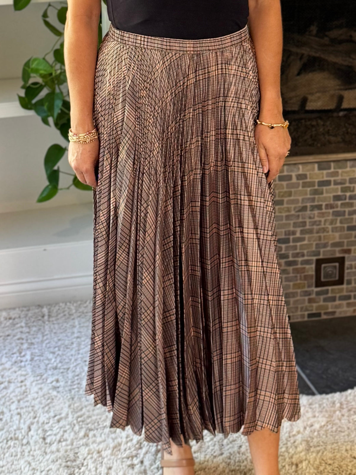 Current Air Perfectly Pleated Plaid Midi Skirt